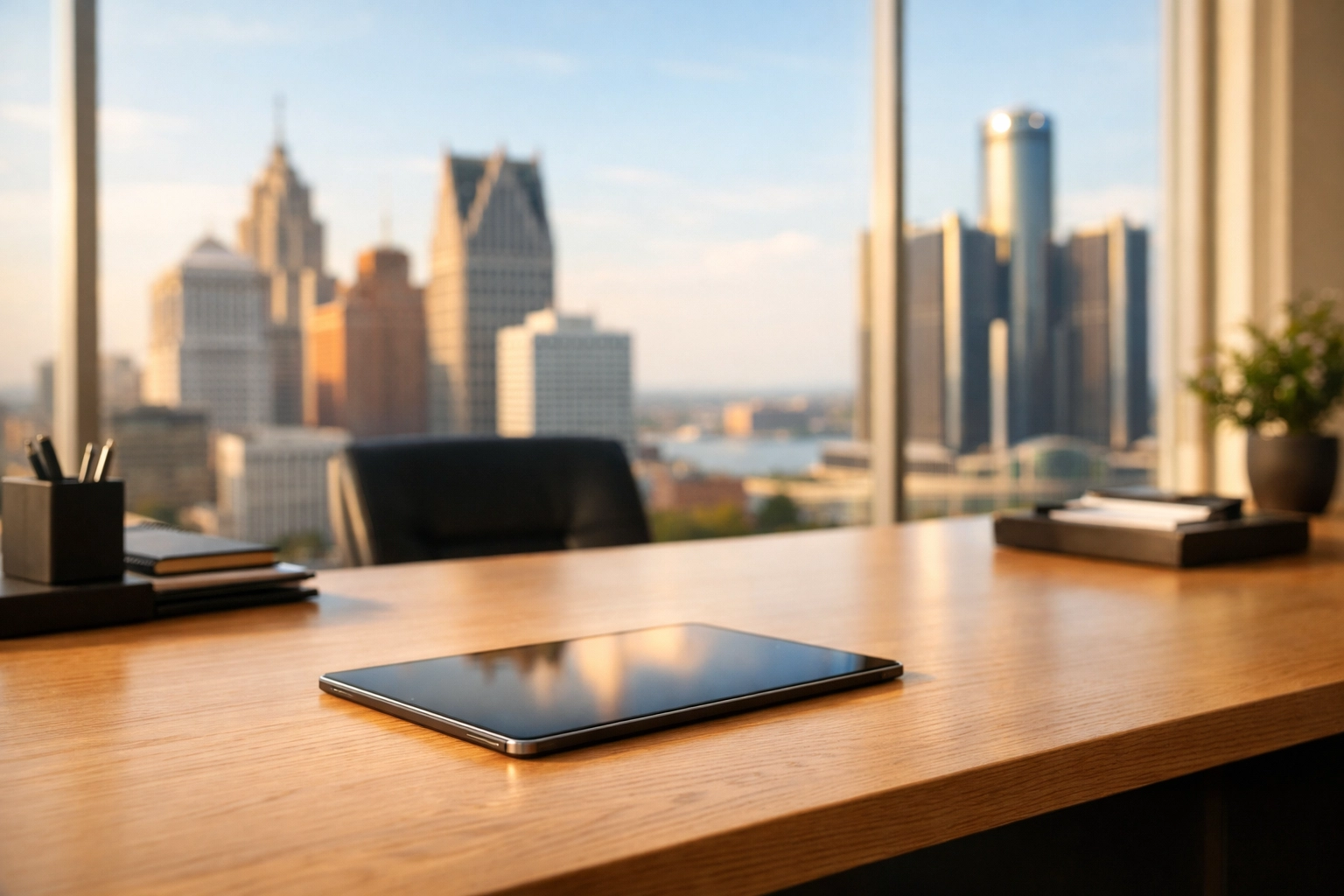 Professional Detroit office desk with skyline view representing a clean, organized workspace.