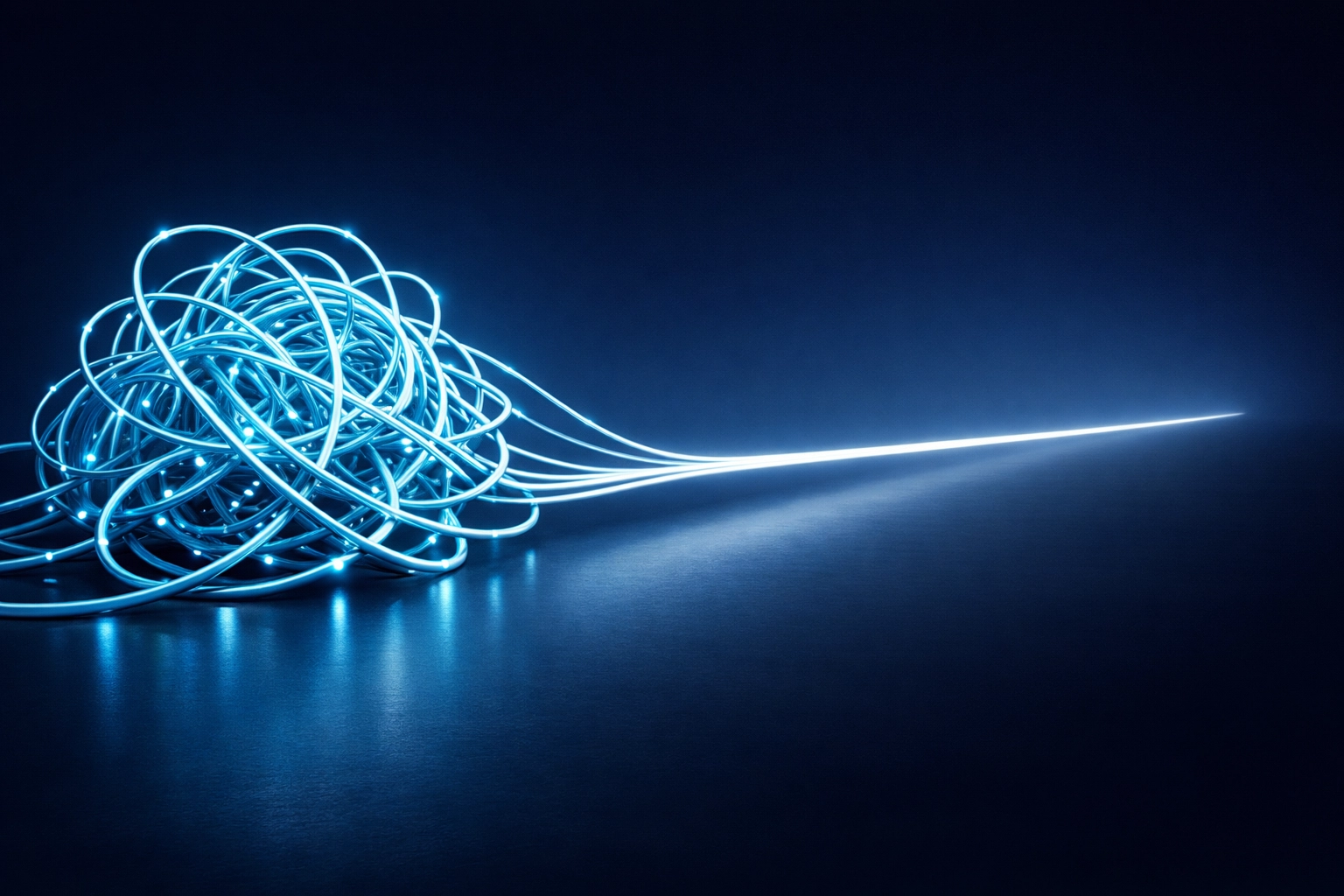 Tangled lines unraveling into a straight path representing a transition from operational chaos to streamlined automation.