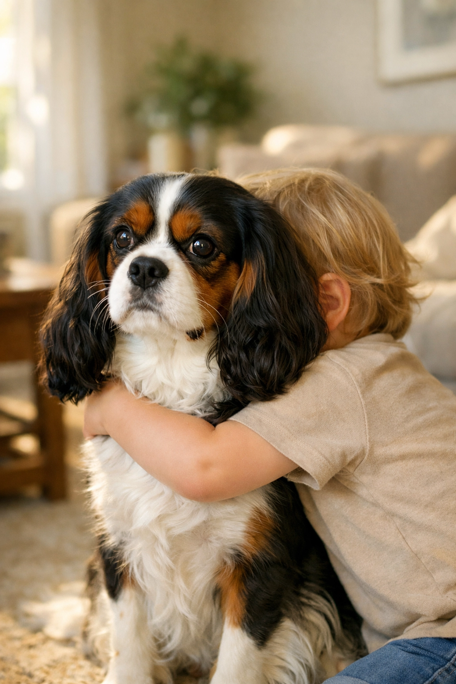 Tricolor emotional support dog Cavalier King Charles sitting calmly with a young child in an Oregon home.
