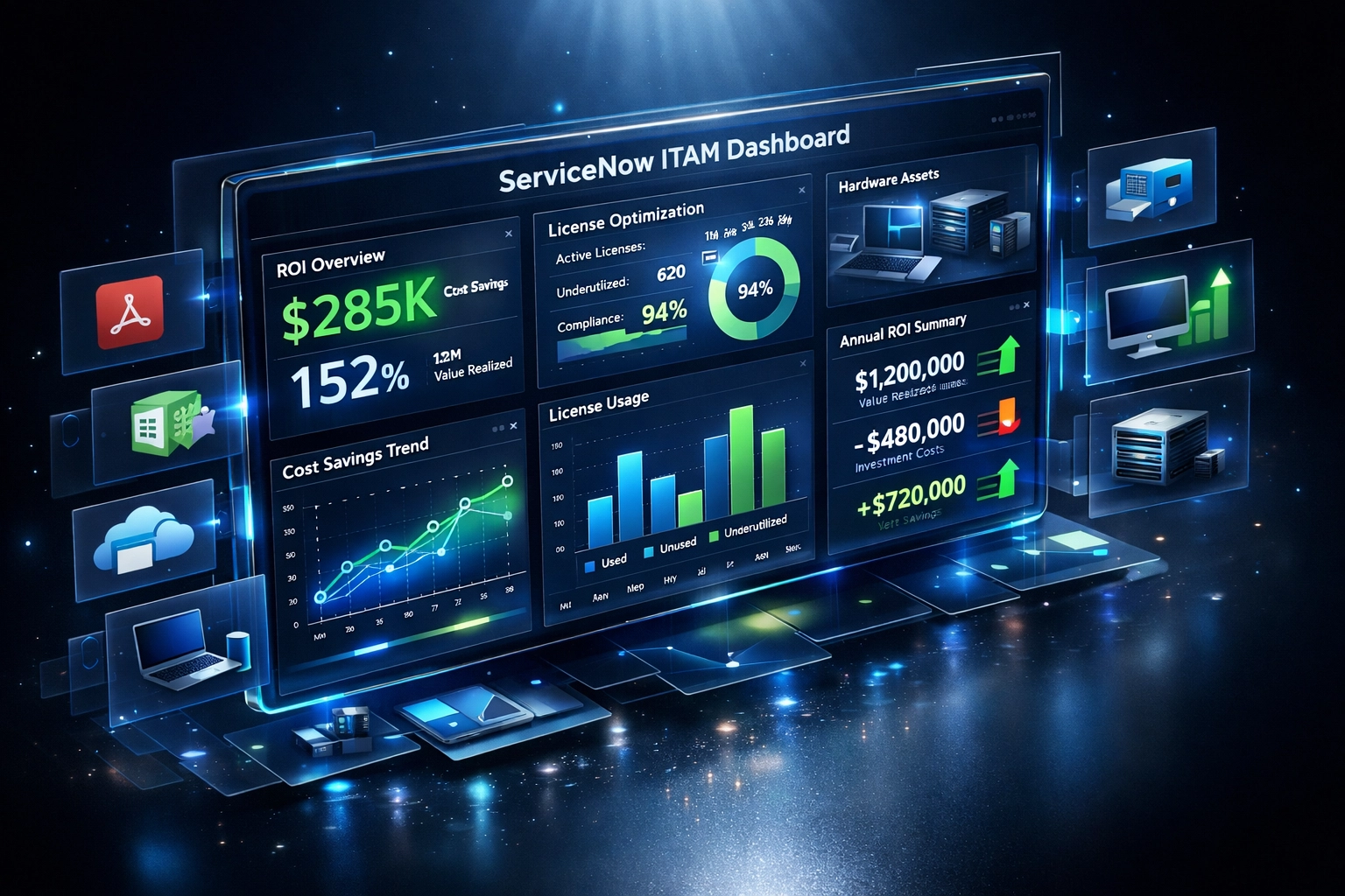 ServiceNow ITAM dashboard displaying real-time ROI metrics and license optimization data