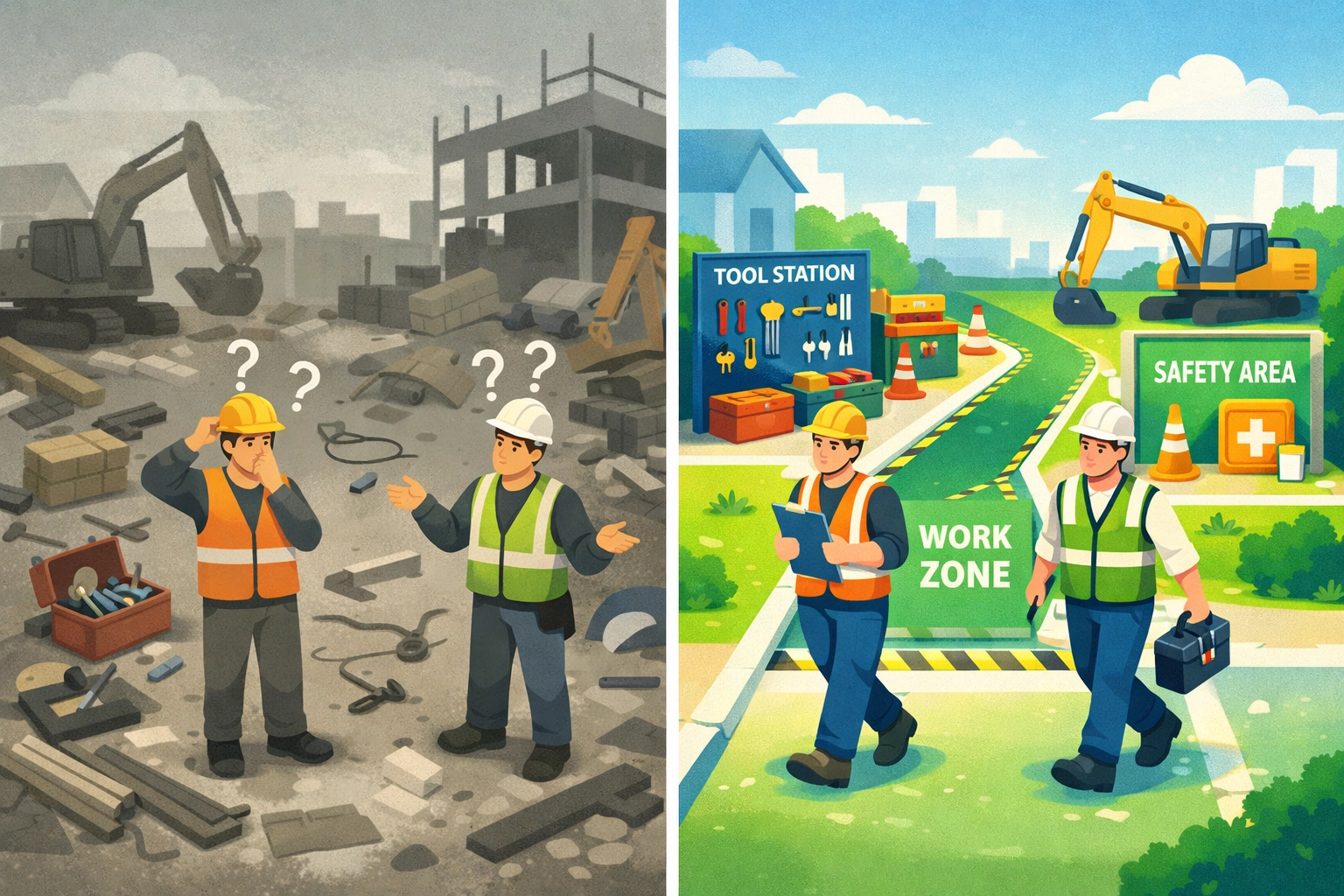 Comparison of disorganized vs well-organized construction site showing effective safety management