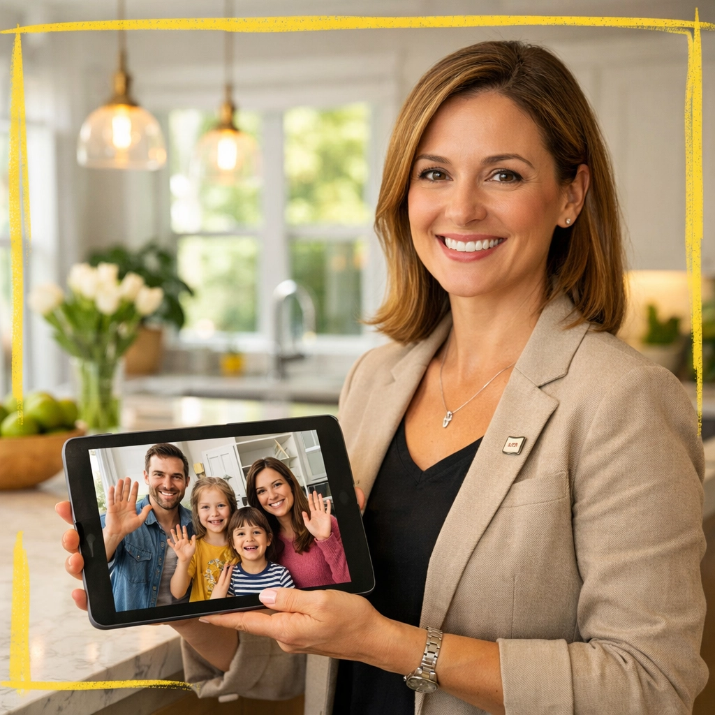 A Connecticut realtor conducting a virtual home tour via tablet for an out of state buyer.