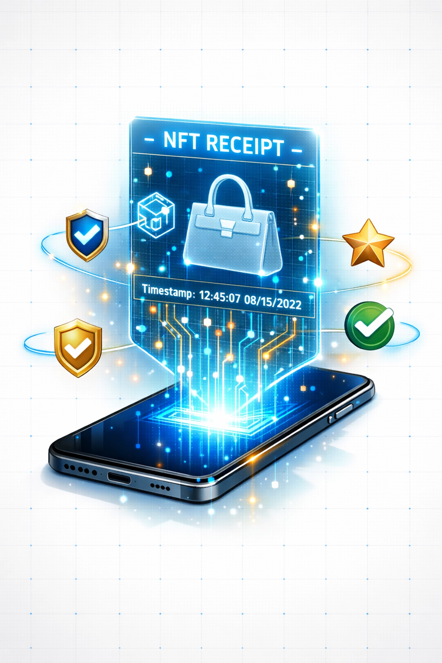 Smartphone displaying holographic NFT receipt with blockchain verification for crypto payments
