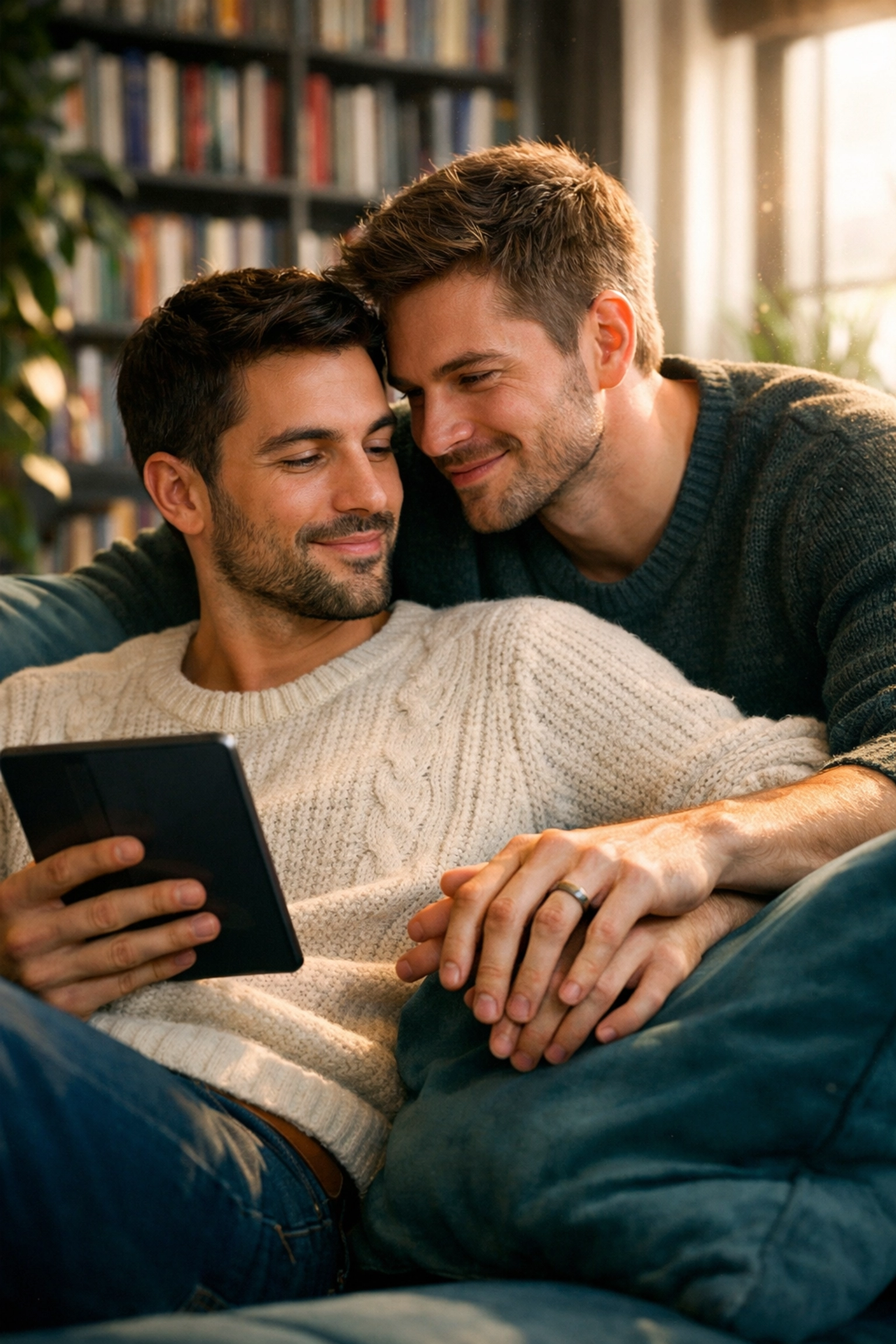 A loving gay couple reading together, highlighting the emotional depth of the best MM romance books of 2026.