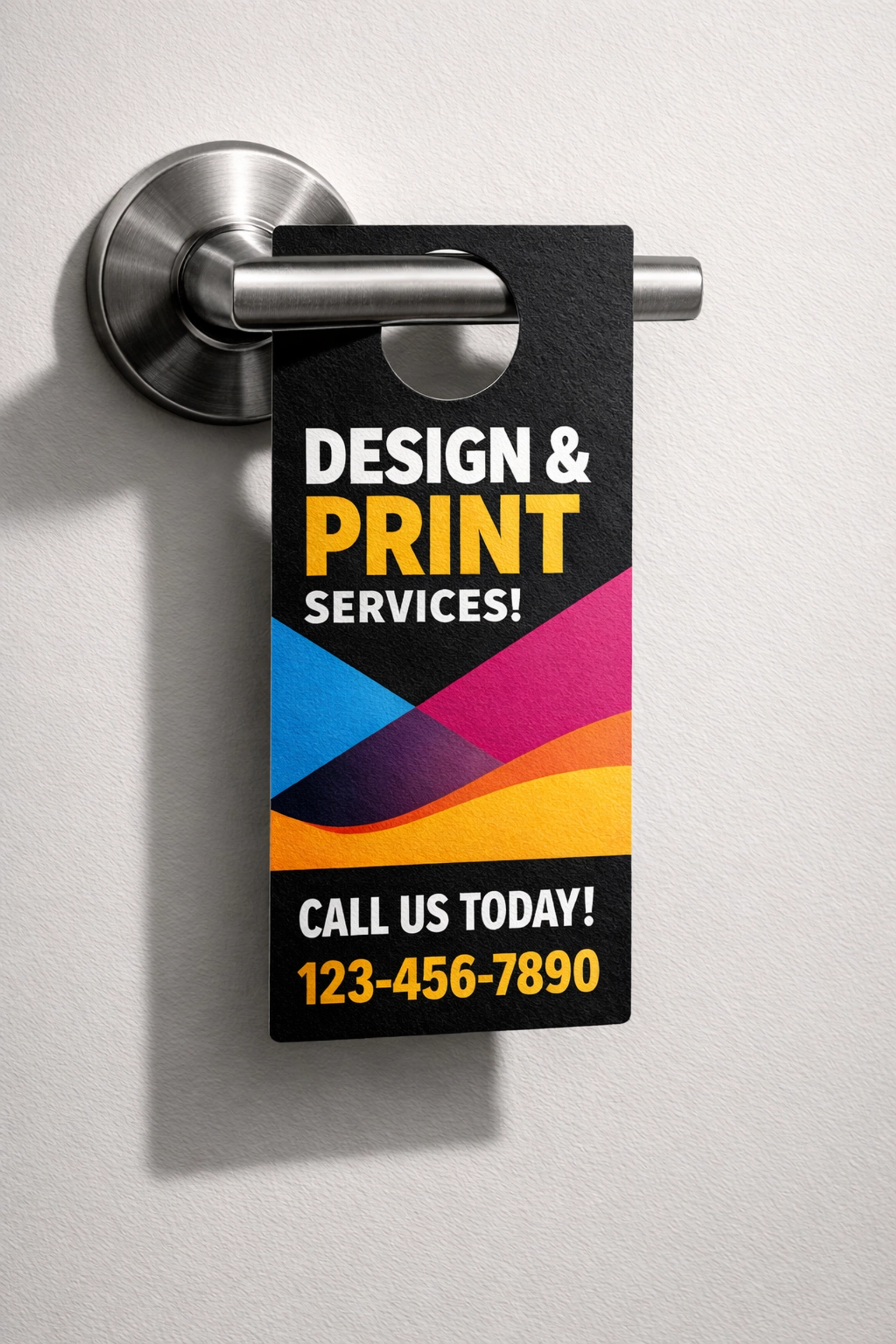 Custom door hanger hanging on a modern doorknob for local neighborhood marketing.