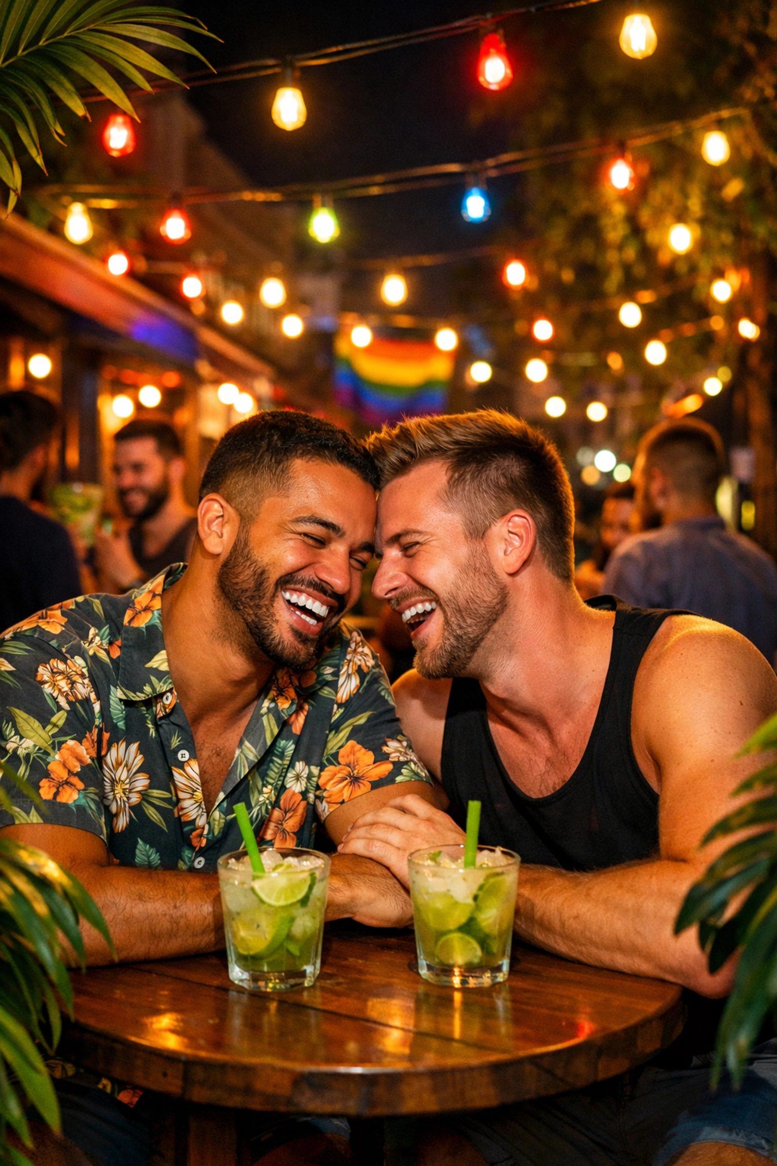 Gay couple enjoying drinks at outdoor bar in Ipanema's LGBTQ+ nightlife district