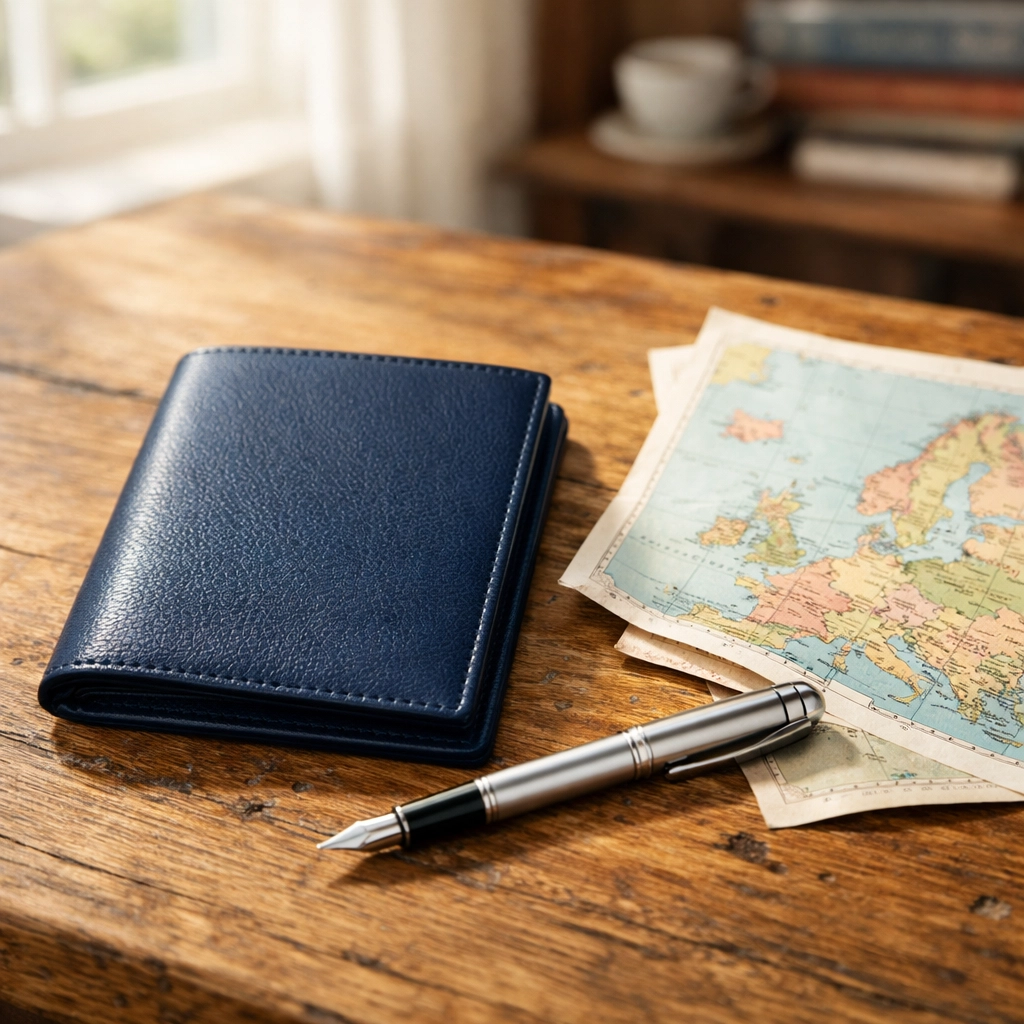 Luxury passport holder and vintage European map on a desk, representing travel logistics and ETIAS planning.