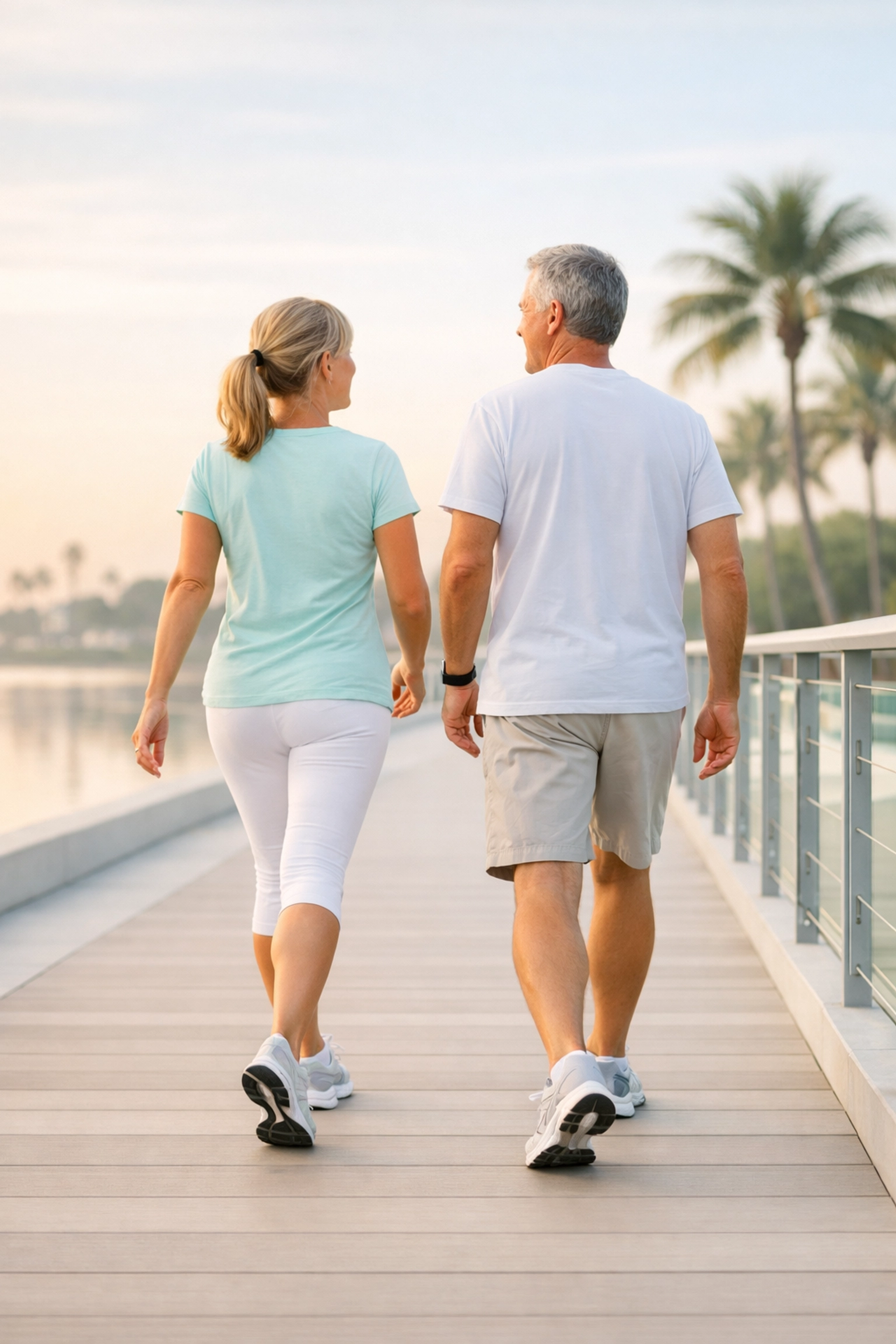 Healthy couple walking outdoors, representing wellness goals from pain relief centers near me.
