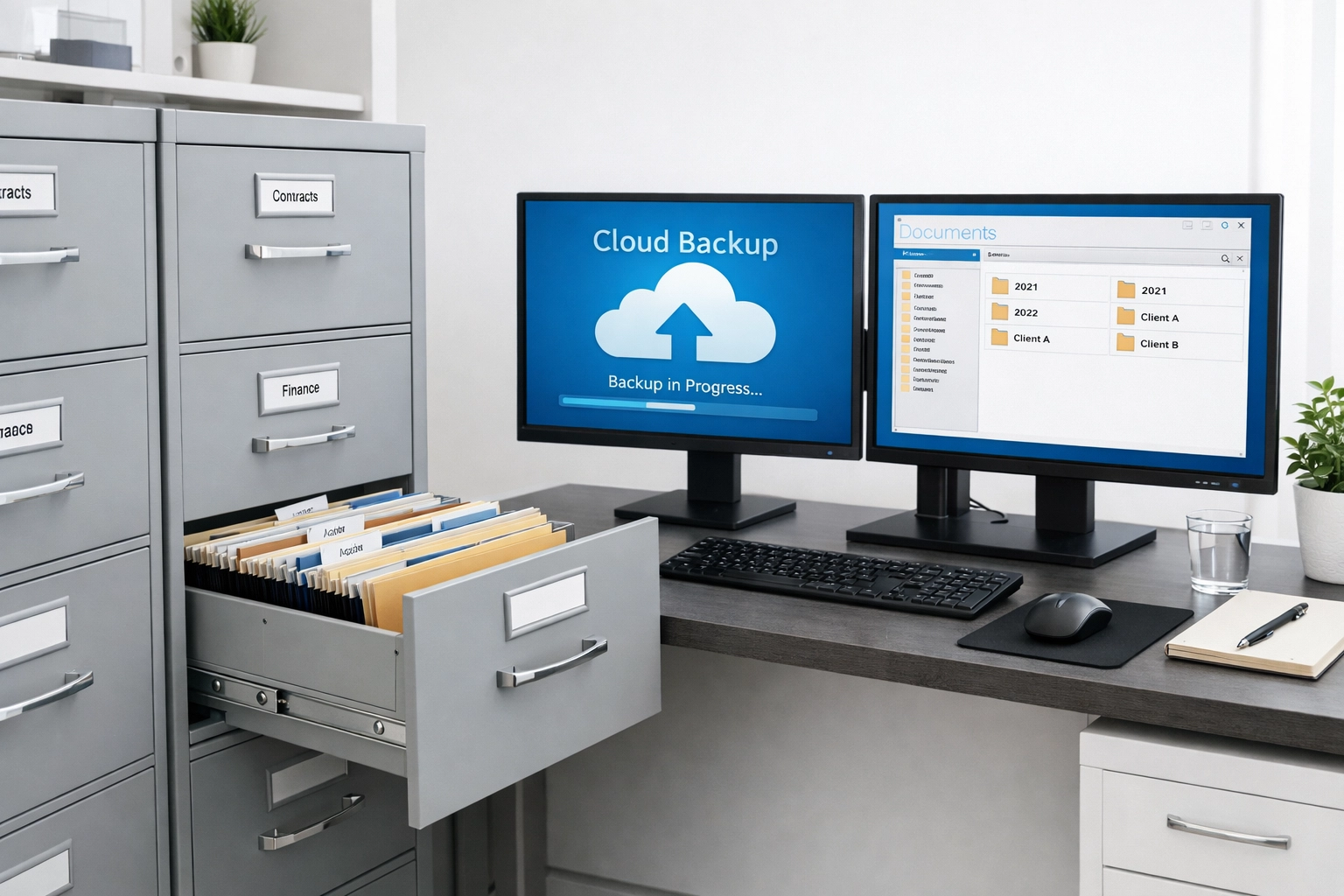 Organized tax record storage system with filing cabinets and digital backup monitors