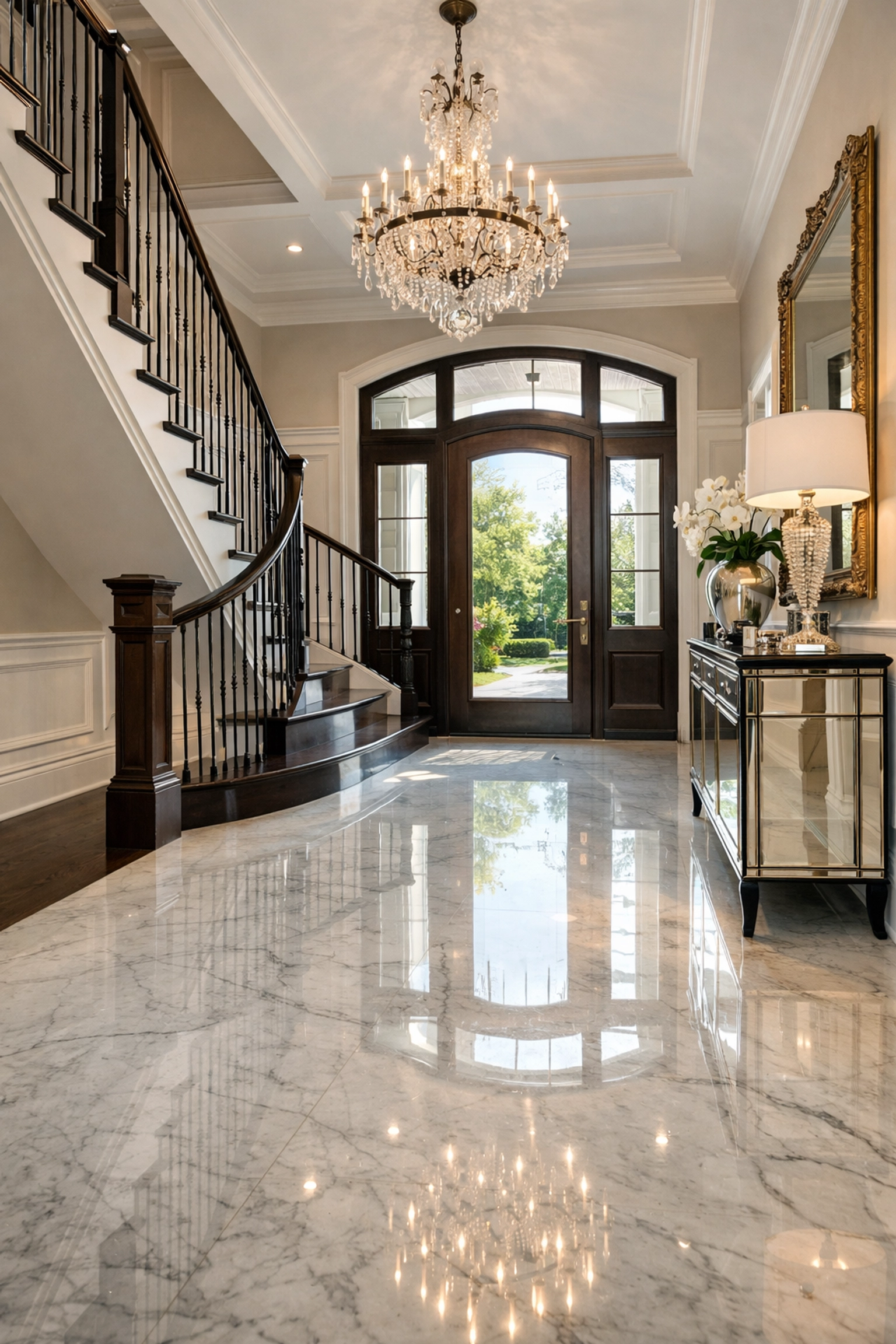 Pristine marble foyer highlighting expert house cleaning services in Westchester NY for luxury homes.