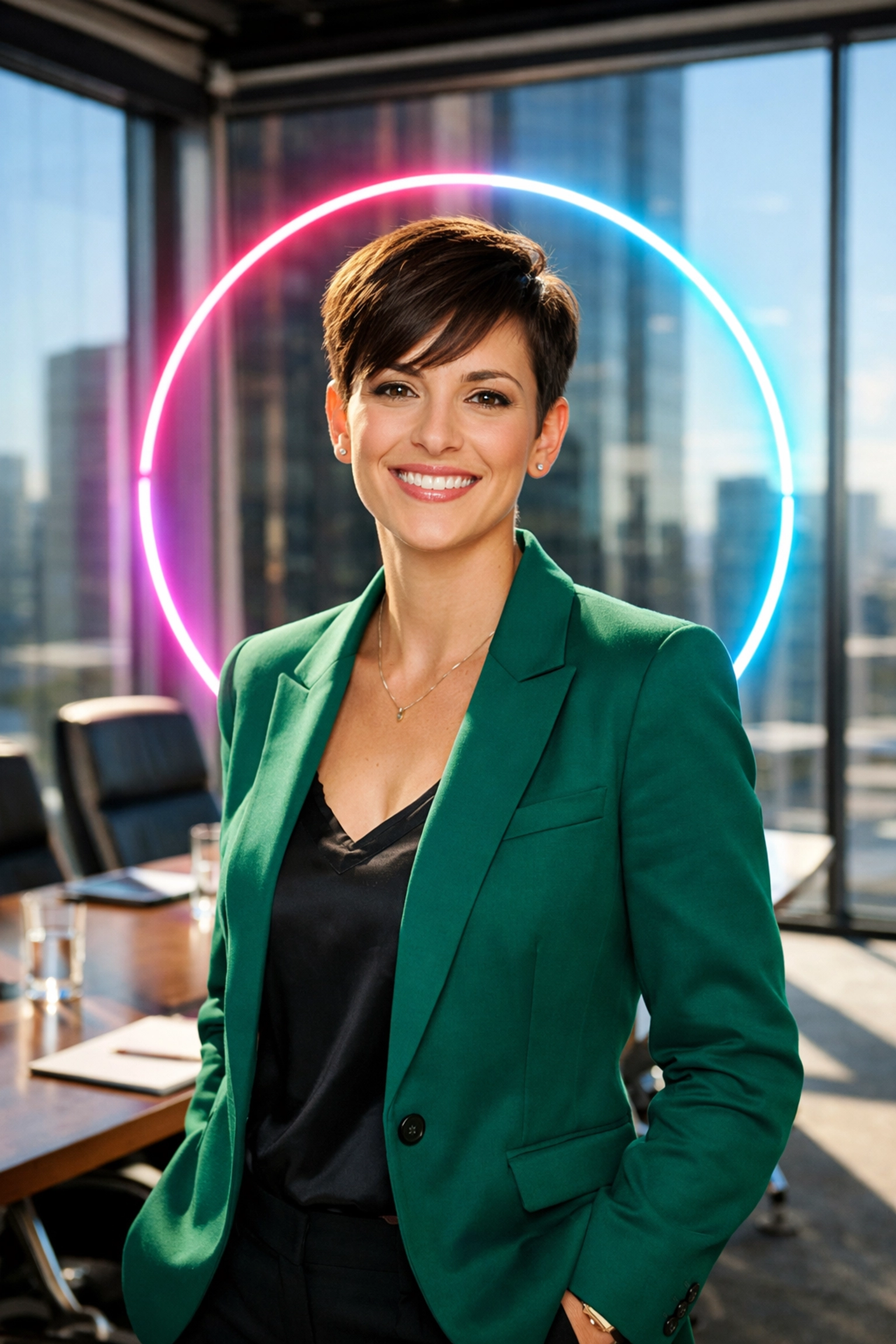 A confident trans woman in a boardroom, illustrating professional visibility as discussed on My Girl Life Podcast.