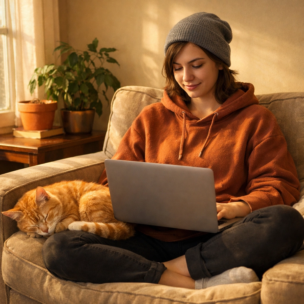 College student studying with laptop while orange tabby cat purrs on lap in sunny room