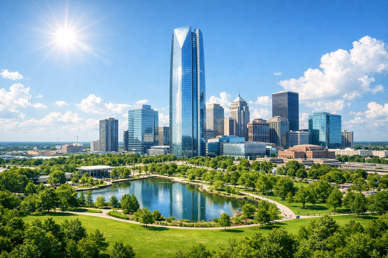 Bright Oklahoma City skyline view emphasizing regional growth and bridge loan financing potential for investors.