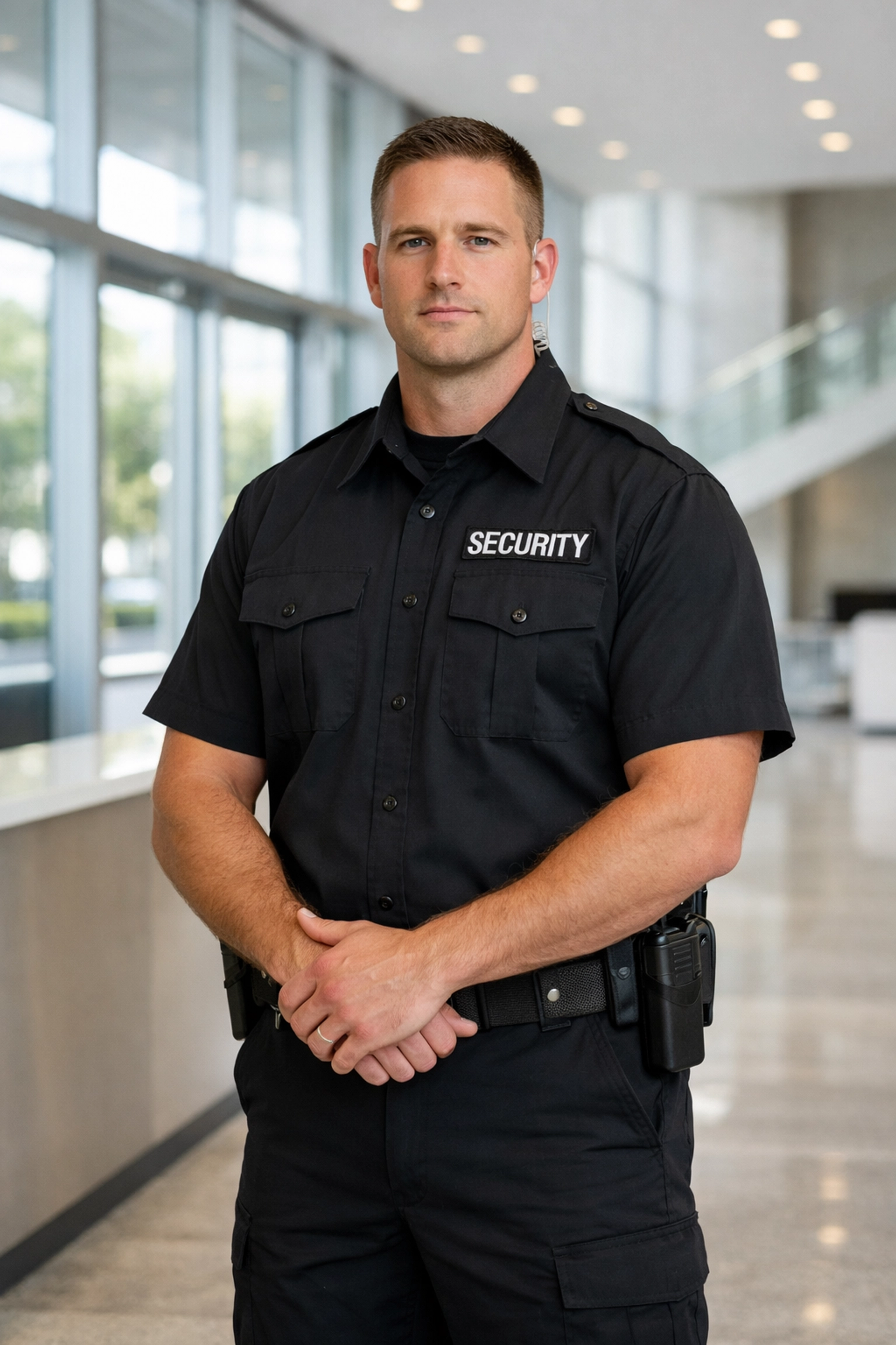 Professional security guard in a modern corporate lobby representing Martyn's Law compliance.