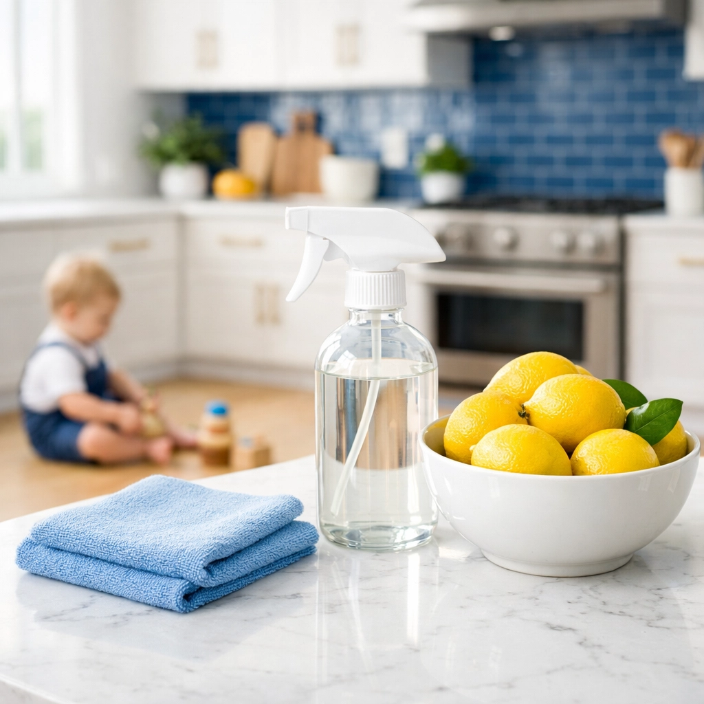 Eco-friendly residential cleaning in Sharon using non-toxic products in a bright, modern kitchen.