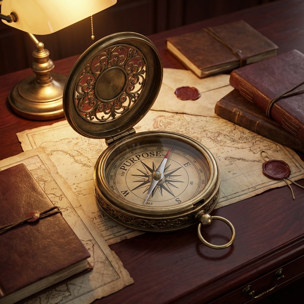 Antique compass labeled “Purpose” on maps and journals, representing finding direction when writing a business book.
