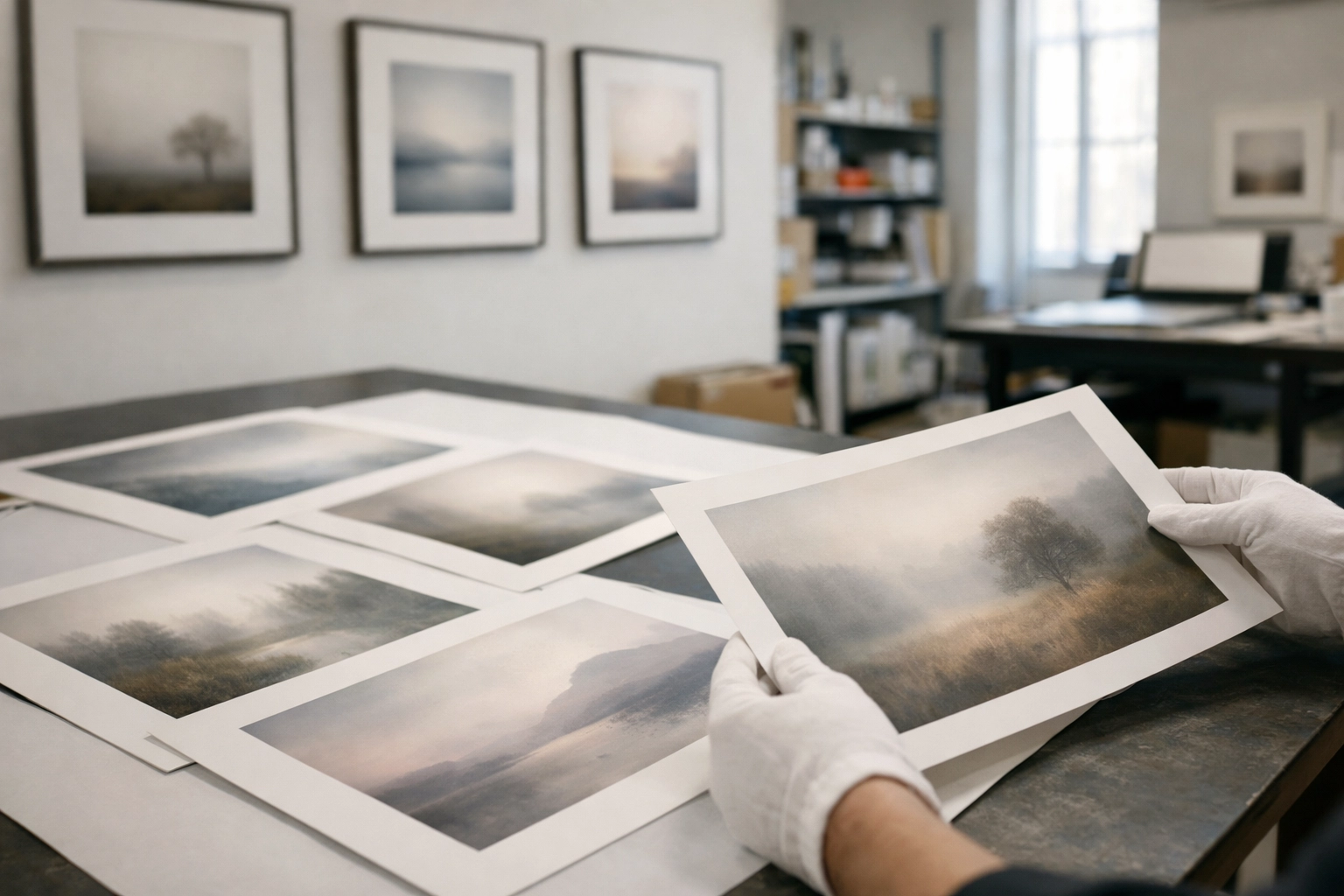 Museum quality fine art photography prints being examined in professional gallery setting