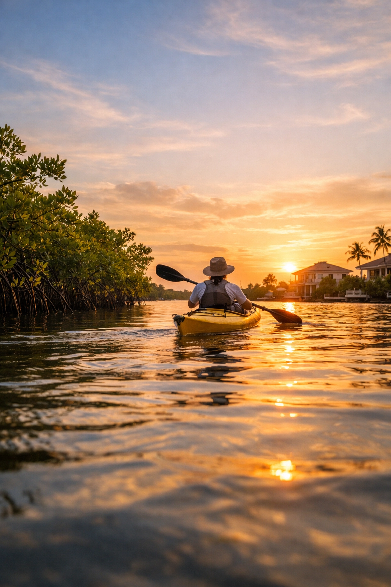 Kayaking through scenic mangroves in a Northwest Cape Coral canal during a golden sunset.