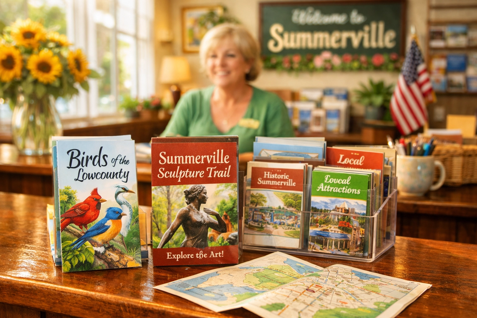 Summerville Visitor Center desk with free sculpture trail maps and brochures
