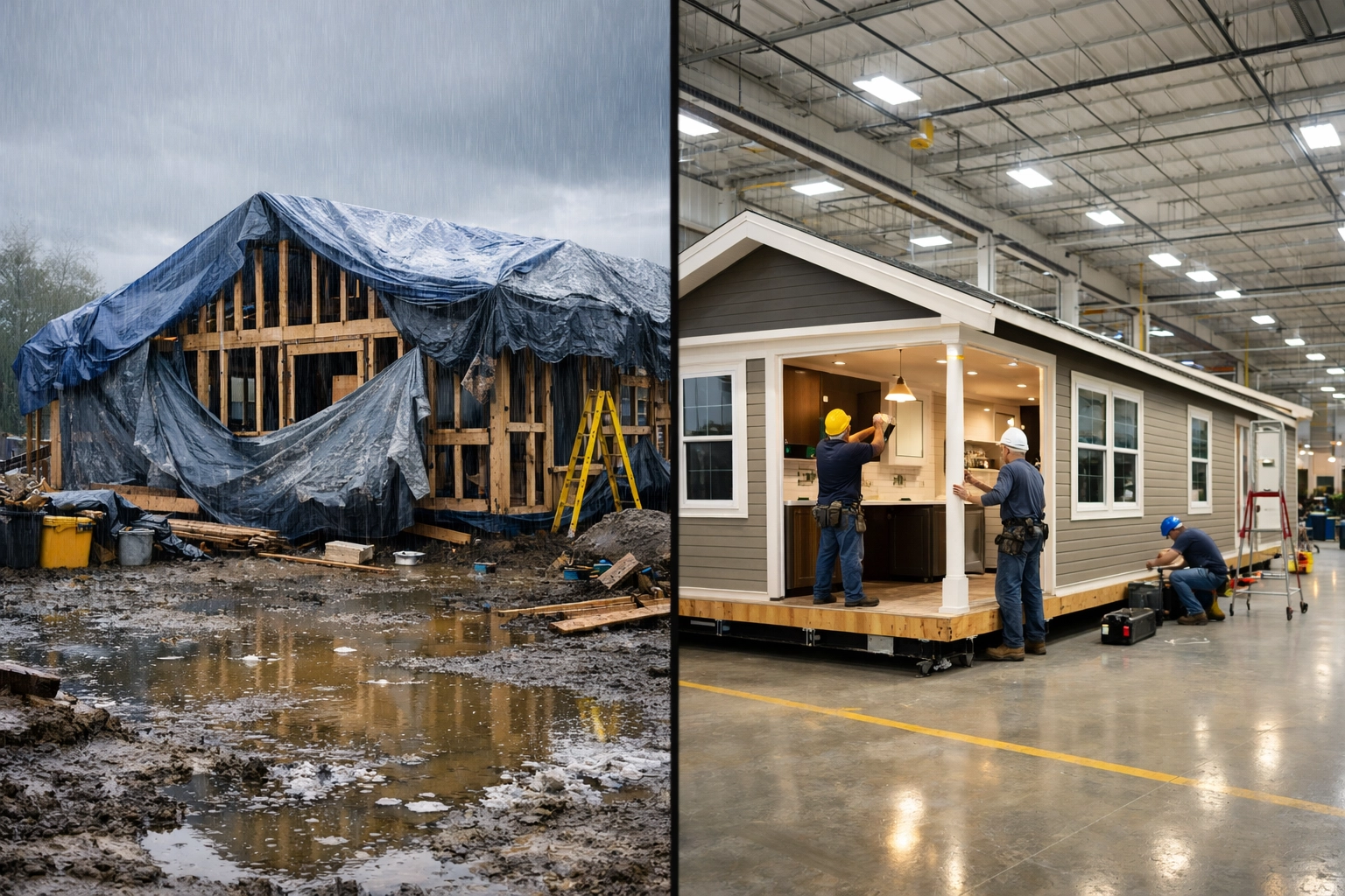 Traditional construction site vs modular factory showing weather delay comparison