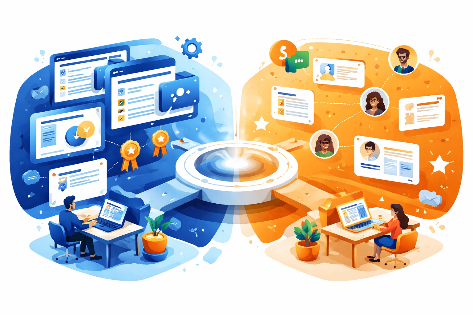 Hybrid customer education ecosystem showing how LMS and Learning Experience Platforms work together to deliver structured and personalized learning