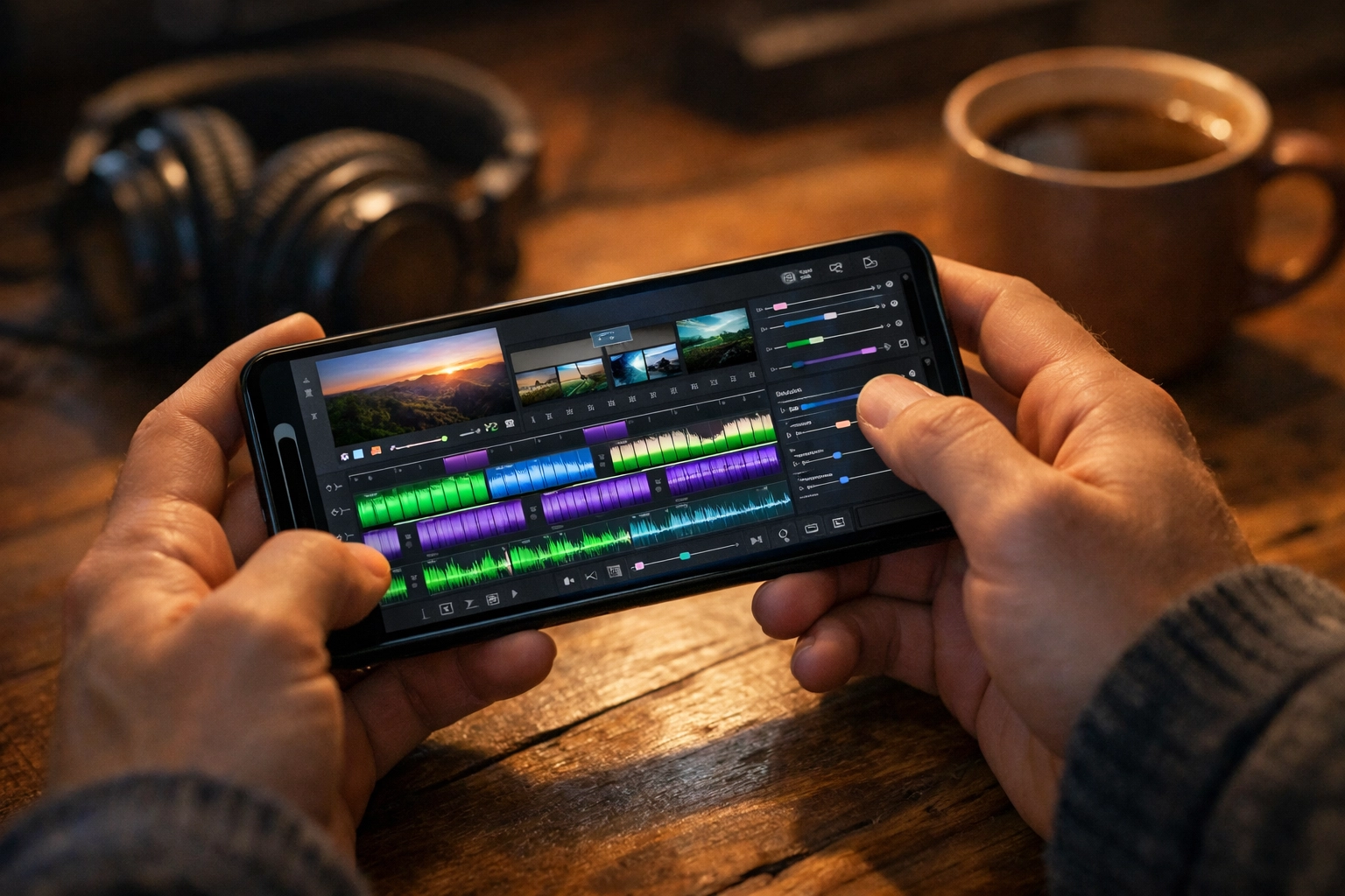 Professional smartphone video editing app interface with multi-track audio and video timelines.
