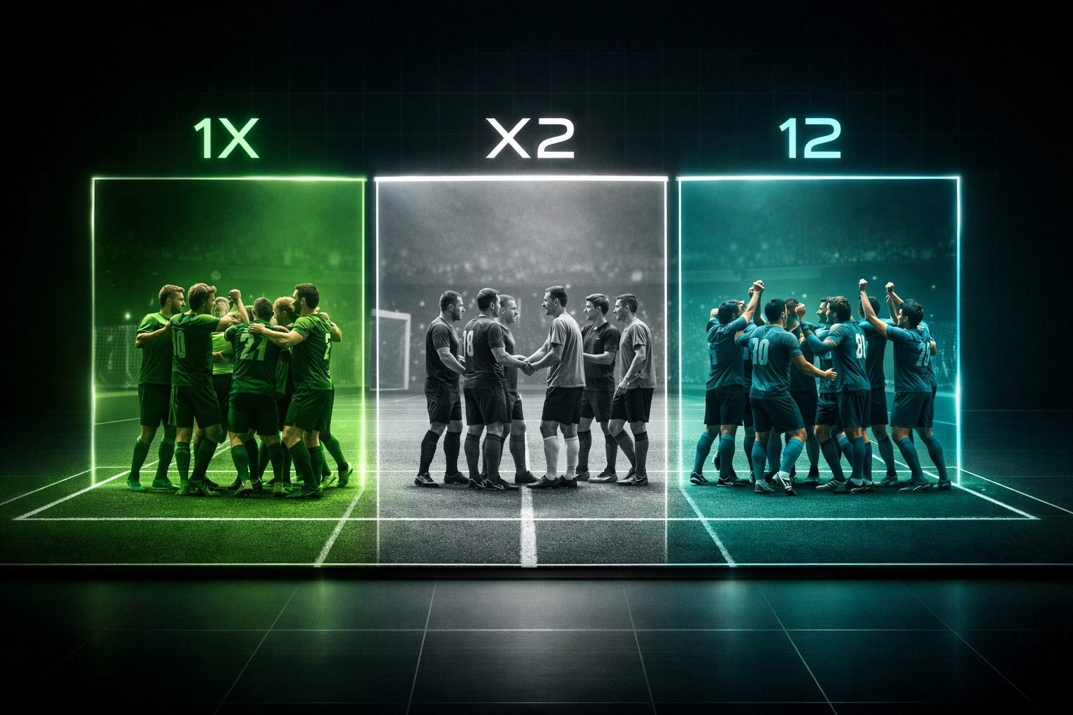 Double chance betting markets 1X, X2, and 12 options visualized on football pitch