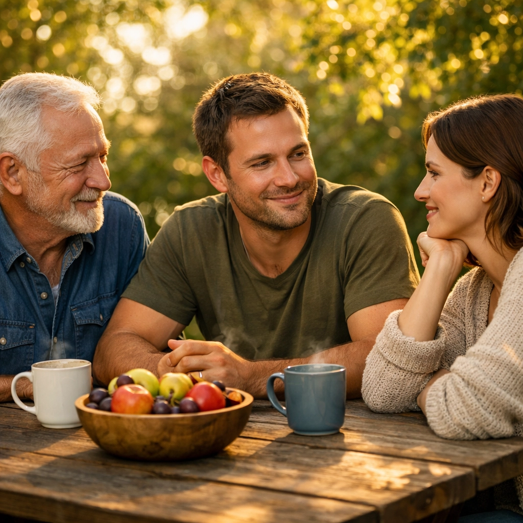 A family sharing tea in a sunlit garden, illustrating connection and generational healing.