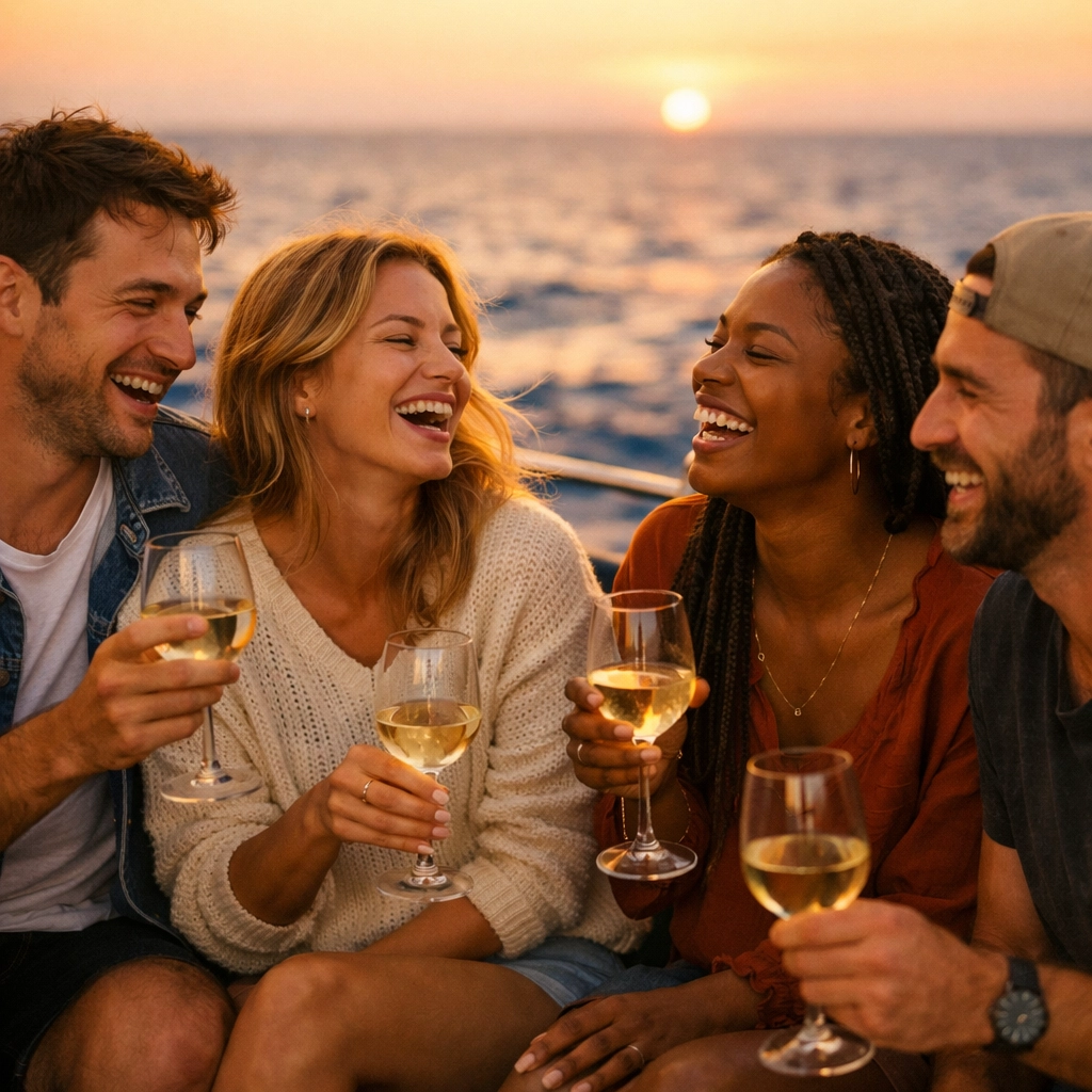 Friends sharing wine at golden hour on a luxury liveaboard during a group diving trip.