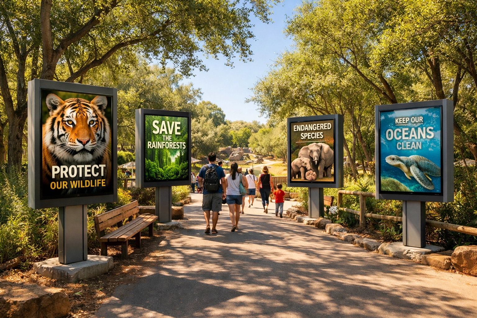 Outdoor digital signage displays along zoo pathway showing conservation messaging