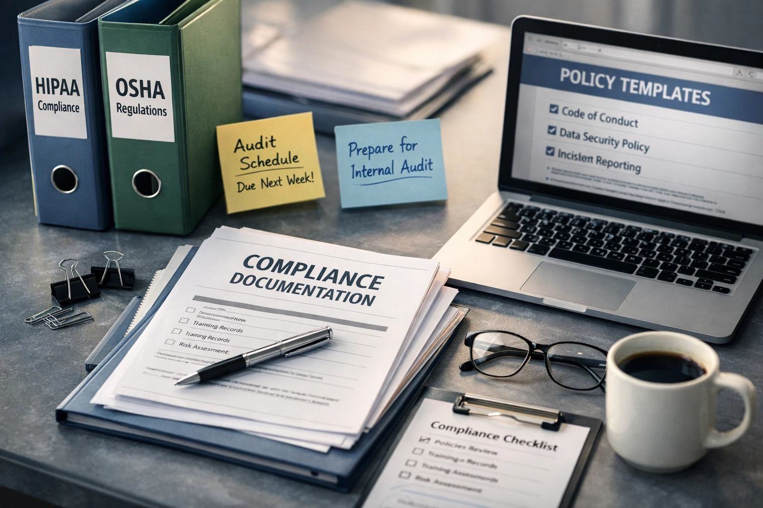 Compliance documentation and regulatory binders on desk for behavioral health policy management
