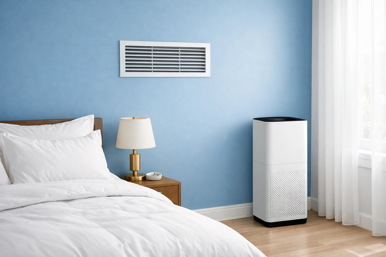 Clean air vent and purifier in a dust-free bedroom following professional post-construction cleaning services.