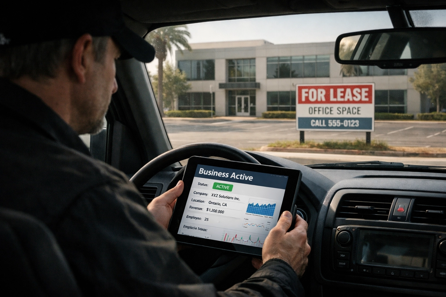 Private investigator performing field verification of corporate data at a vacant office in Ontario, CA.
