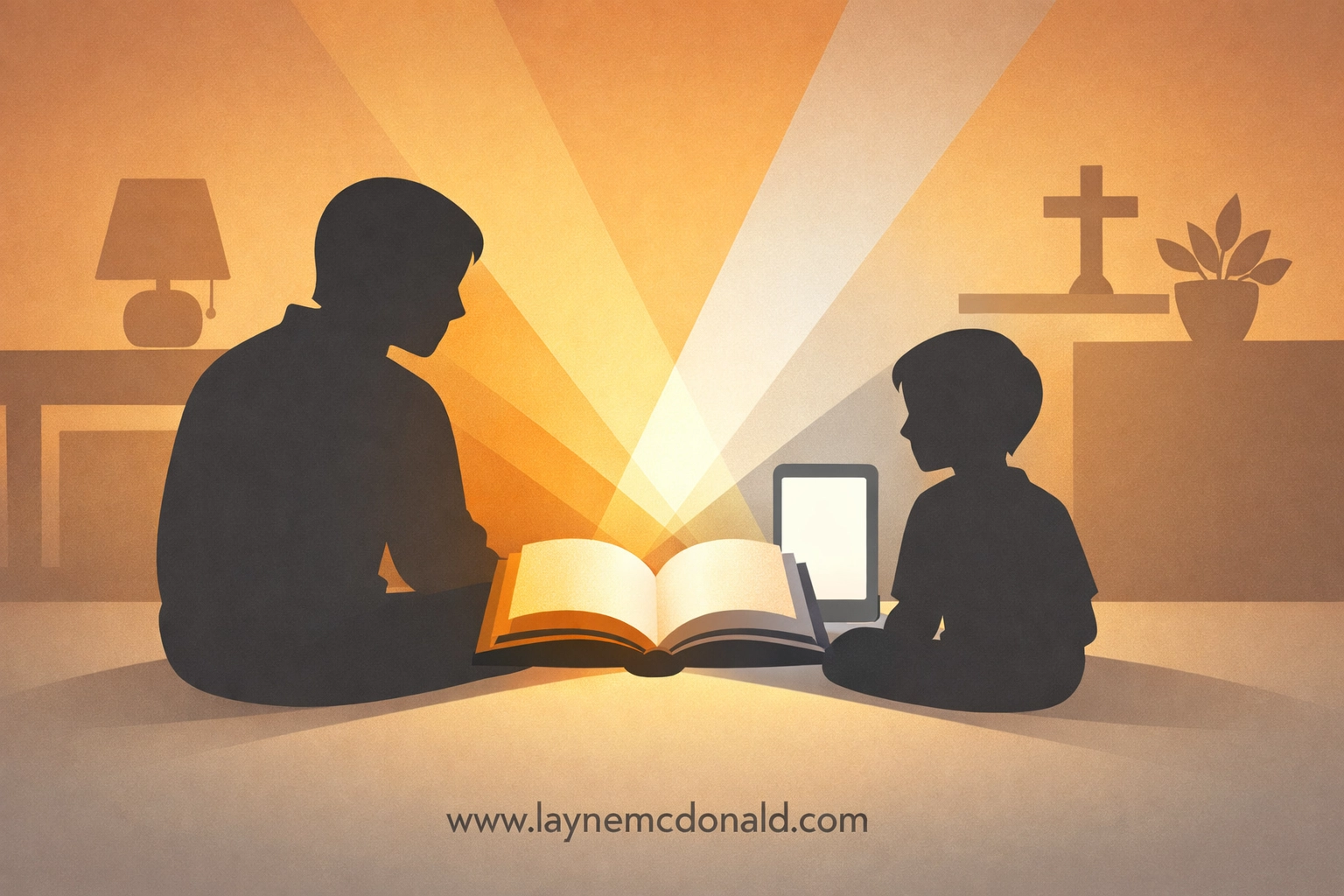 A parent and child talking about media and faith, highlighting Christian leadership and discernment in the home.