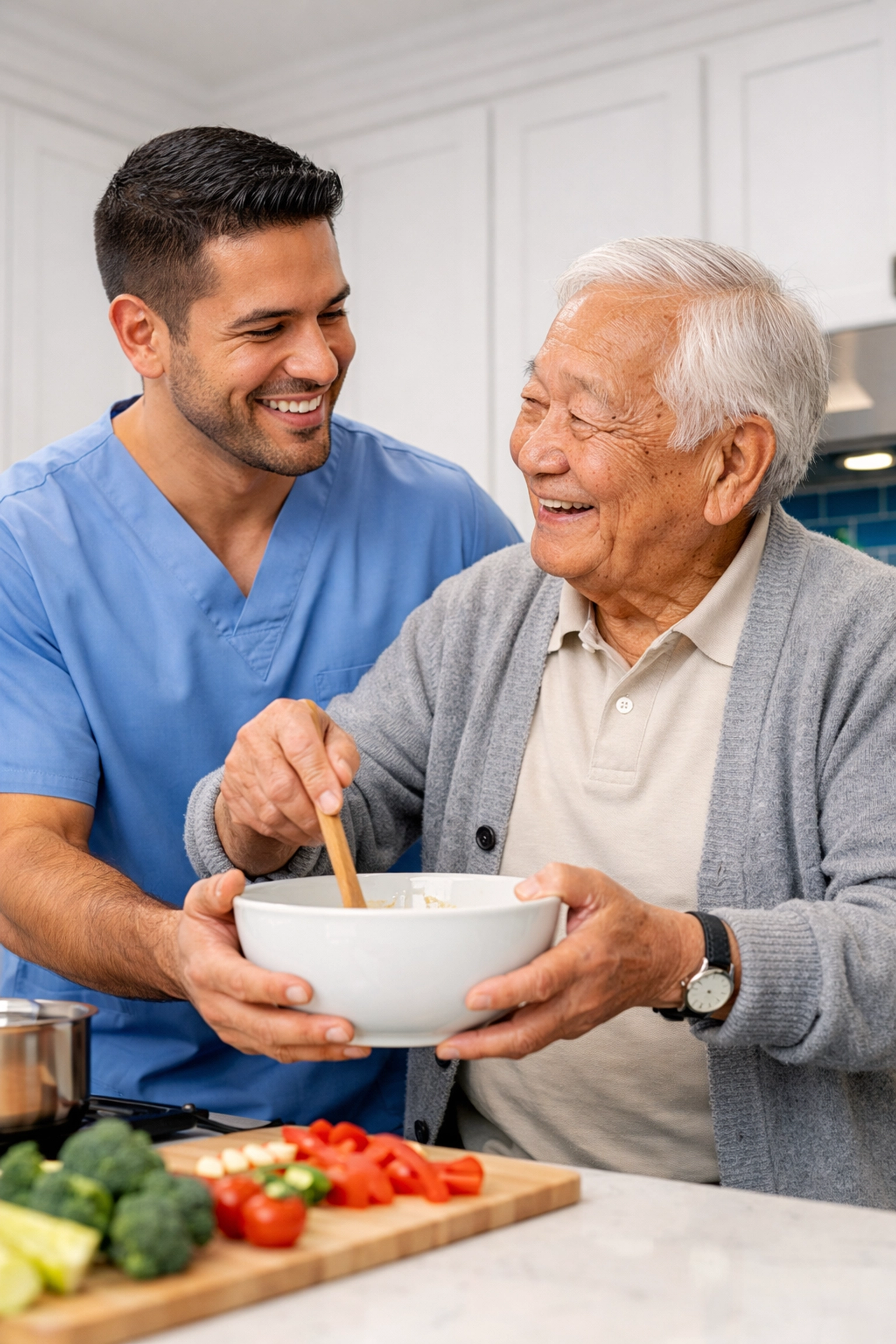 A professional caregiver assisting an elderly man with meal preparation in a safe and clean home kitchen.
