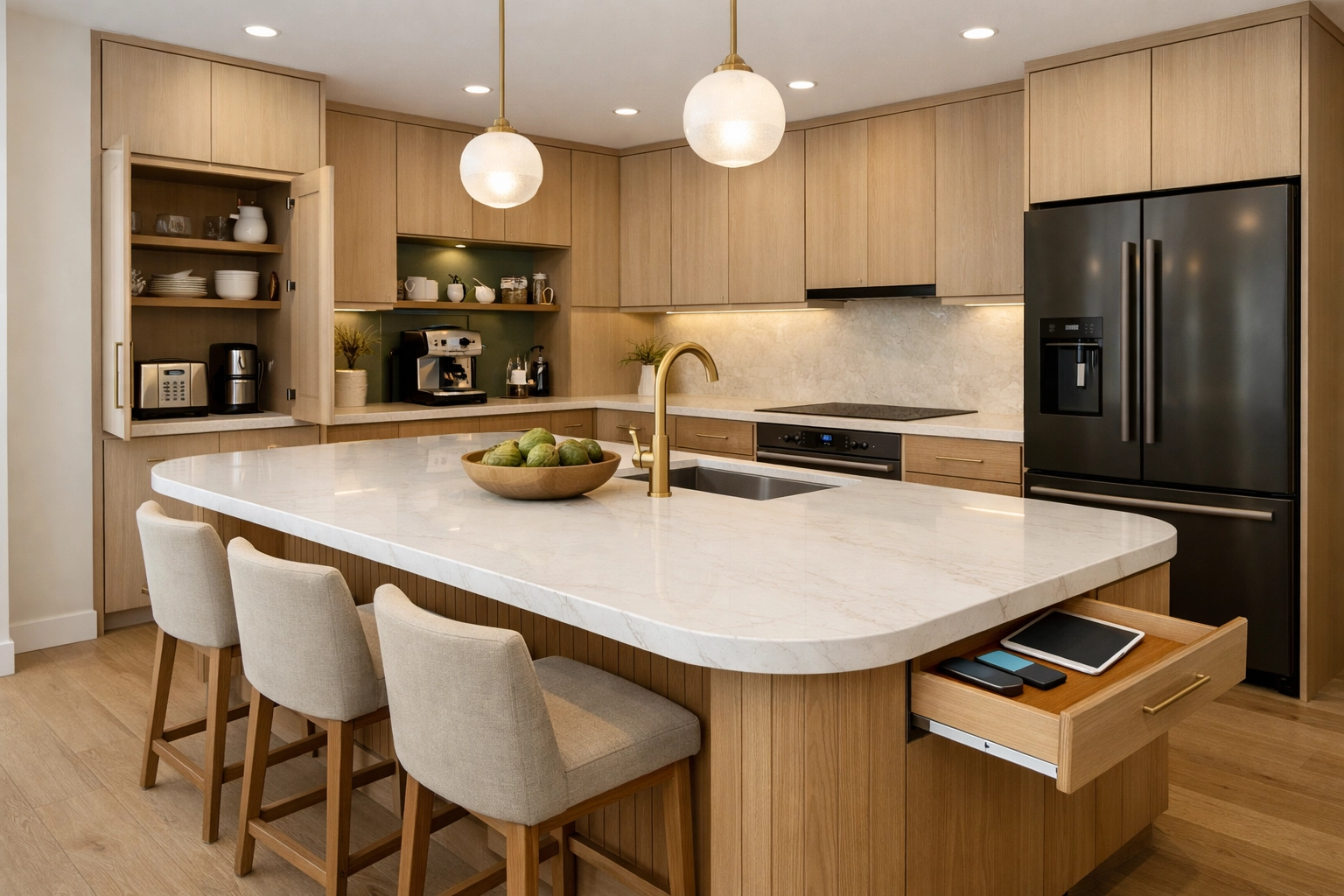 Modern kitchen remodeling Orlando with white oak cabinetry, quartz countertops, and smart appliance zones.