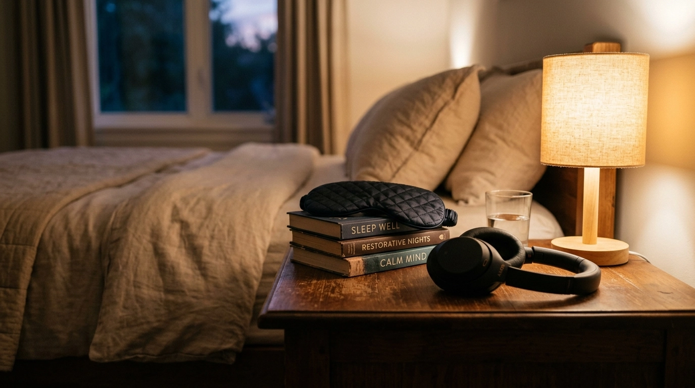 A peaceful bedroom setting with a sleep mask and headphones for recovery