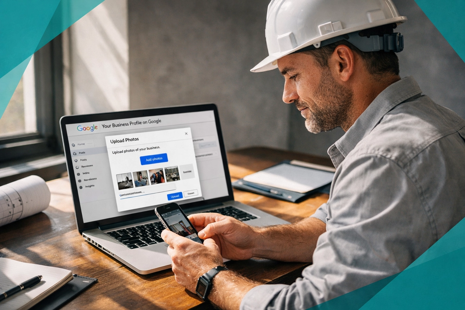 Contractor optimizing Google Business Profile with photos and updates