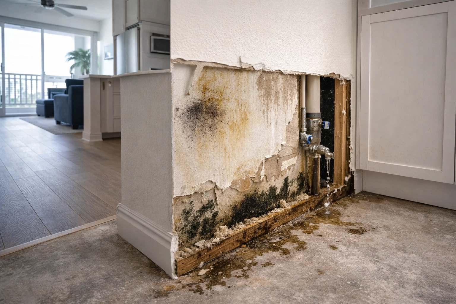 Cross-section view showing hidden water damage and mold inside Venice condo unit
