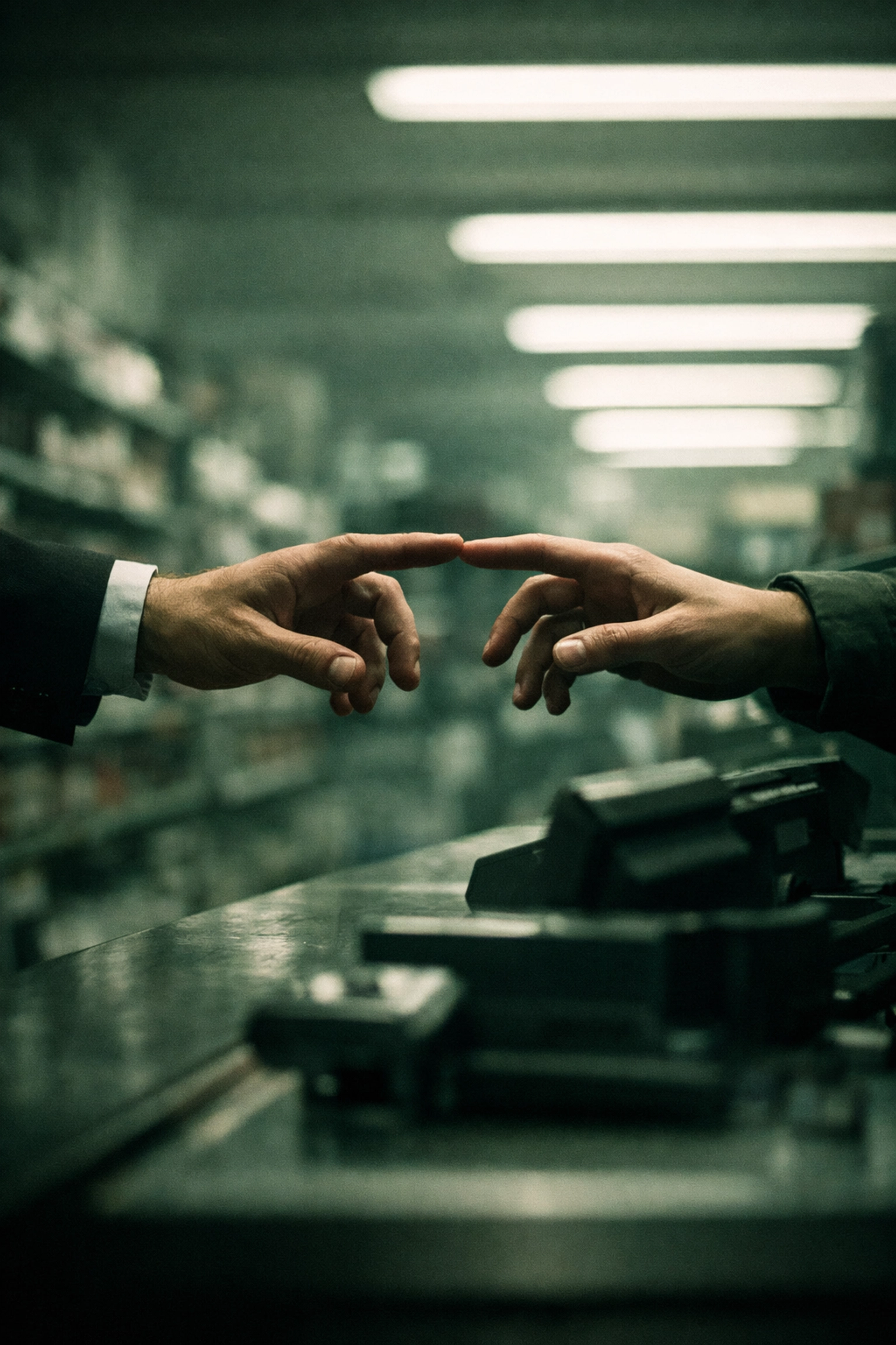 Two men's hands reaching across retail counter showing forbidden workplace attraction