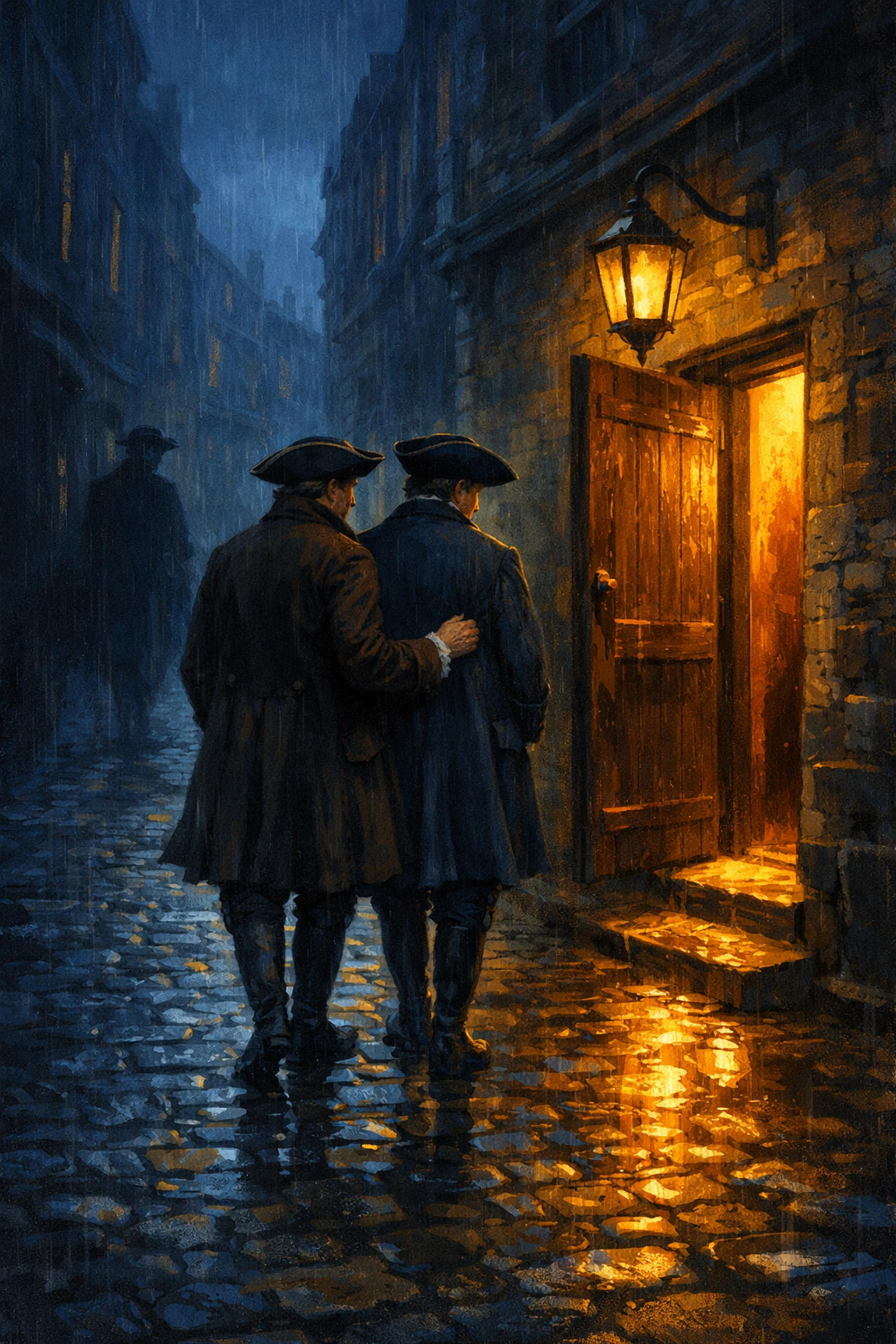 Rainy Georgian London alley to a secret molly house, gay couple approaching discreet door