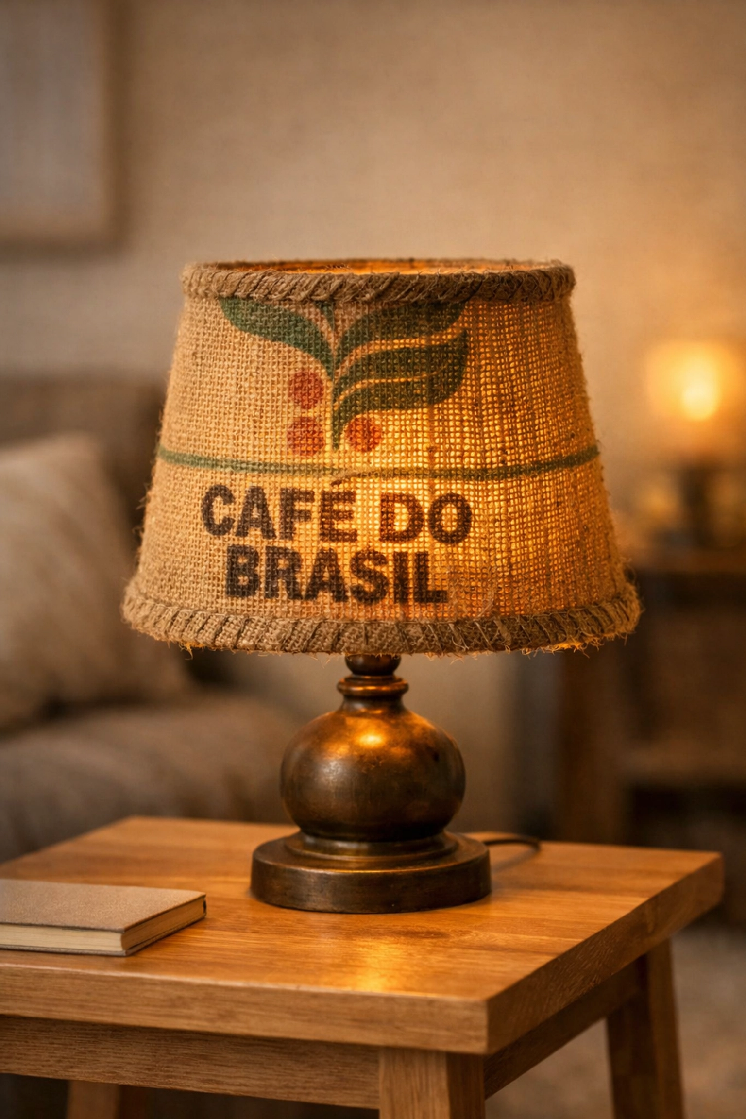 Handcrafted lampshade made from a rustic jute coffee sack, creating a warm and textured glow.