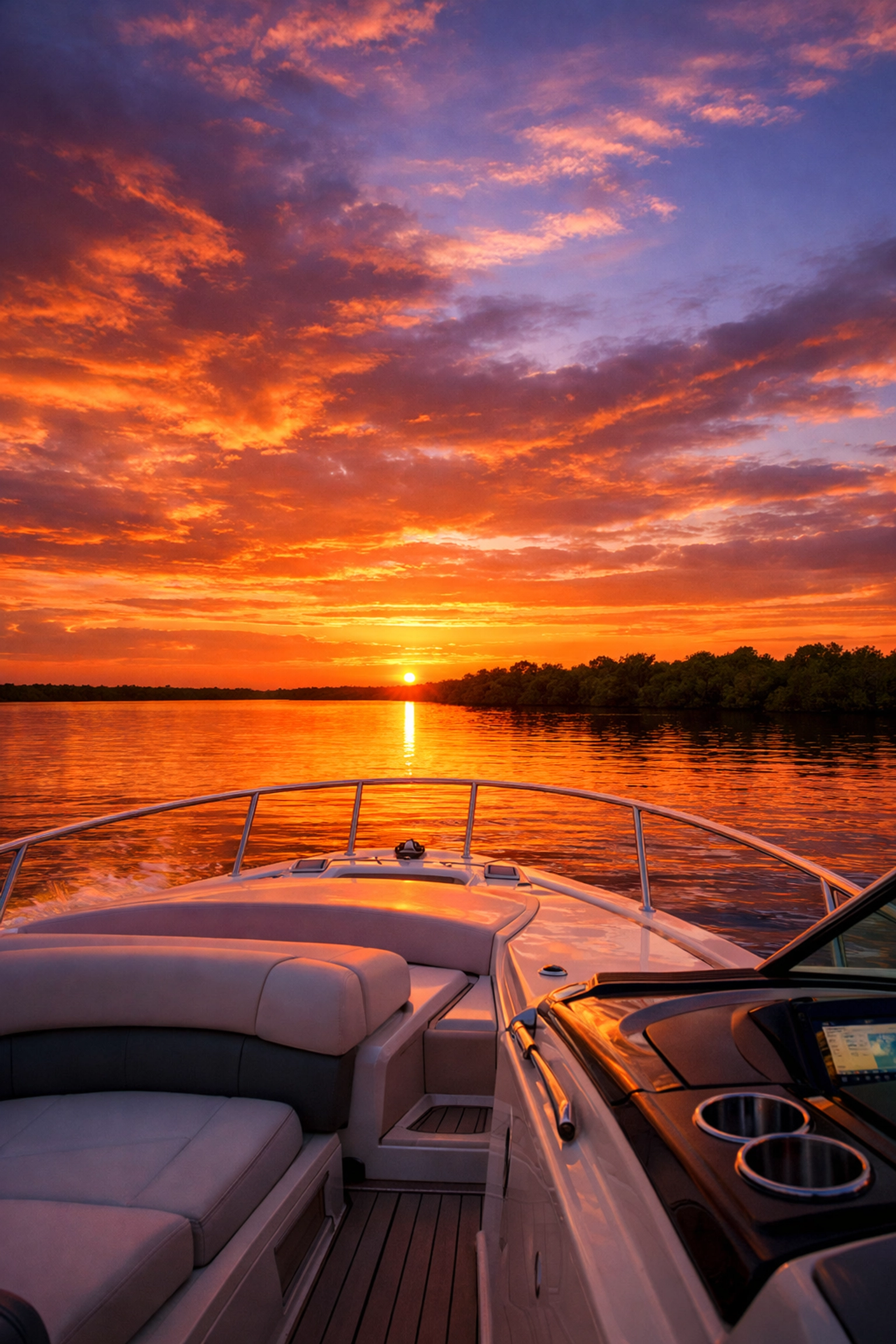 Sunset boating through a saltwater canal in Northwest Cape Coral, a popular feature of SWFL waterfront homes.