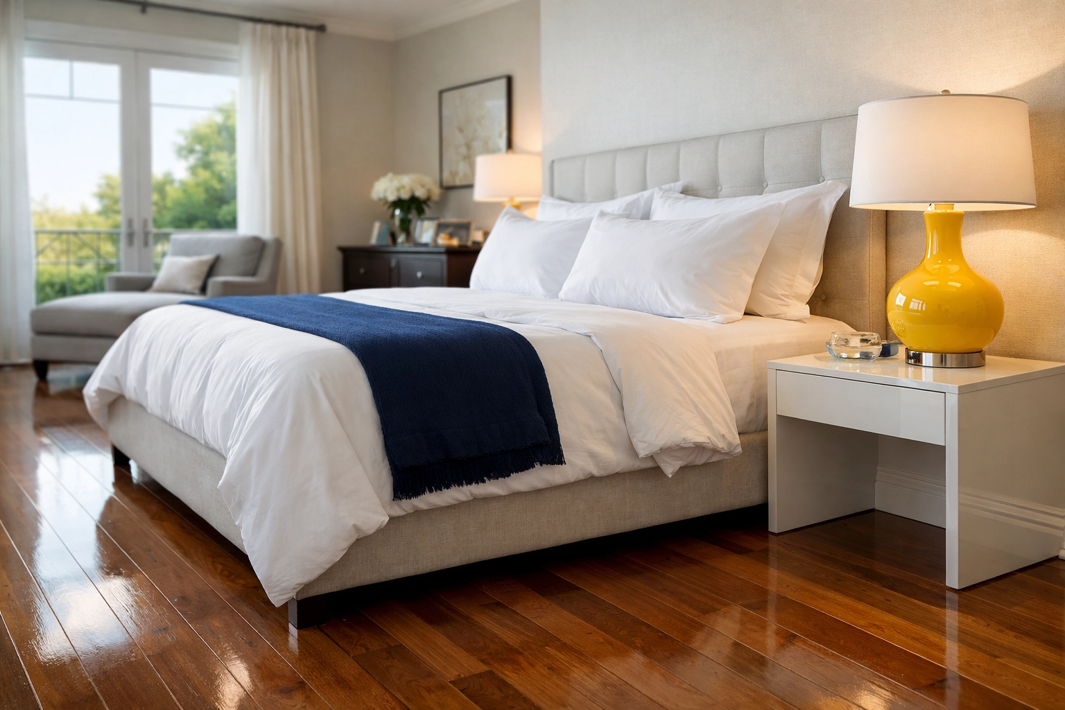Spotless Worcester master bedroom with white linens and clean baseboards from a professional maid service Worcester.