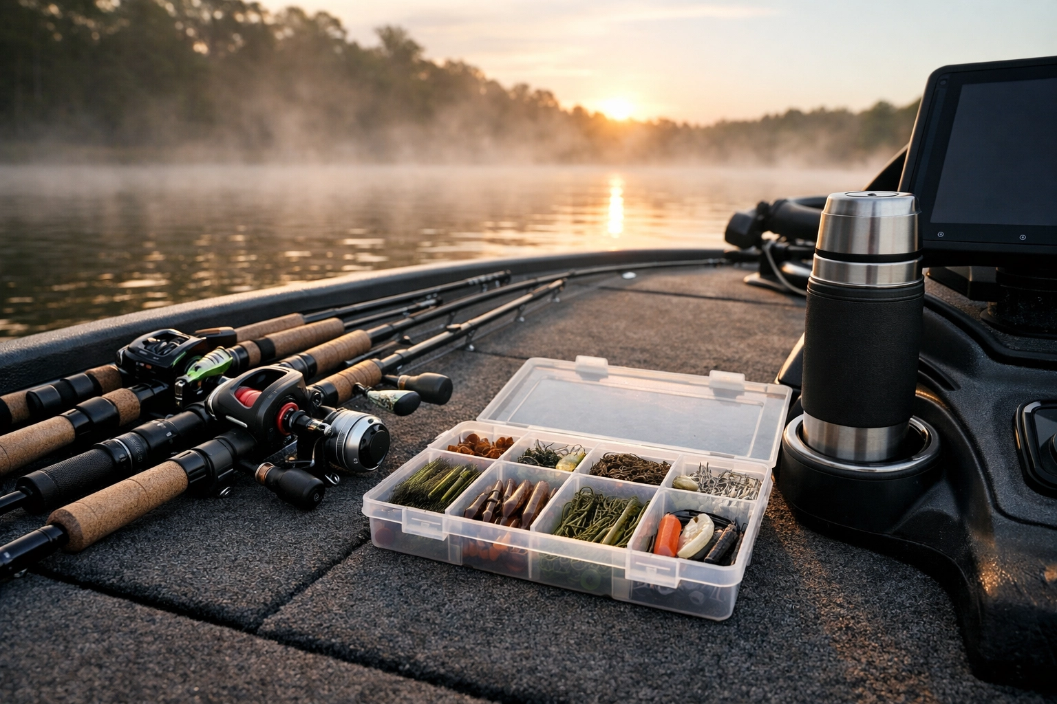 Bass boat deck at dawn with organized fishing rods, tackle, and coffee thermos