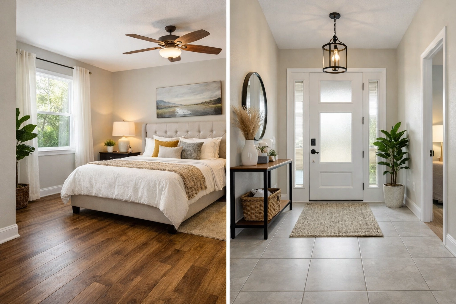 LVP bedroom flooring and tile entryway in Orlando home showing room-specific applications