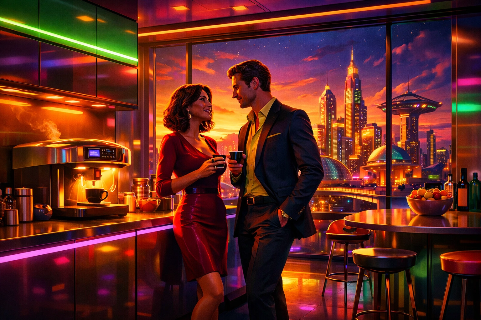 Two coworkers sharing a quiet moment of romantic chemistry in a modern office breakroom.