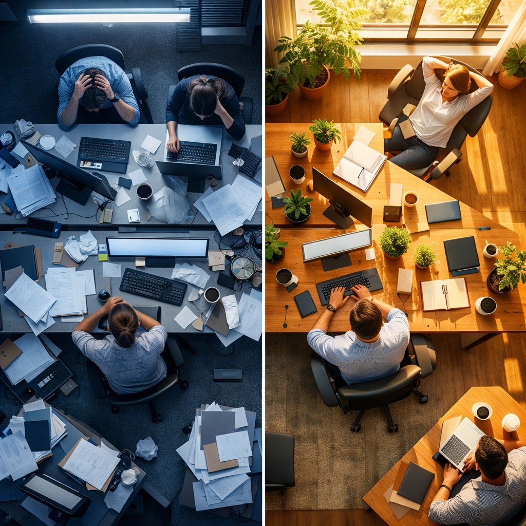 Overhead view contrasting harsh fluorescent office lighting with calming natural light workspace design