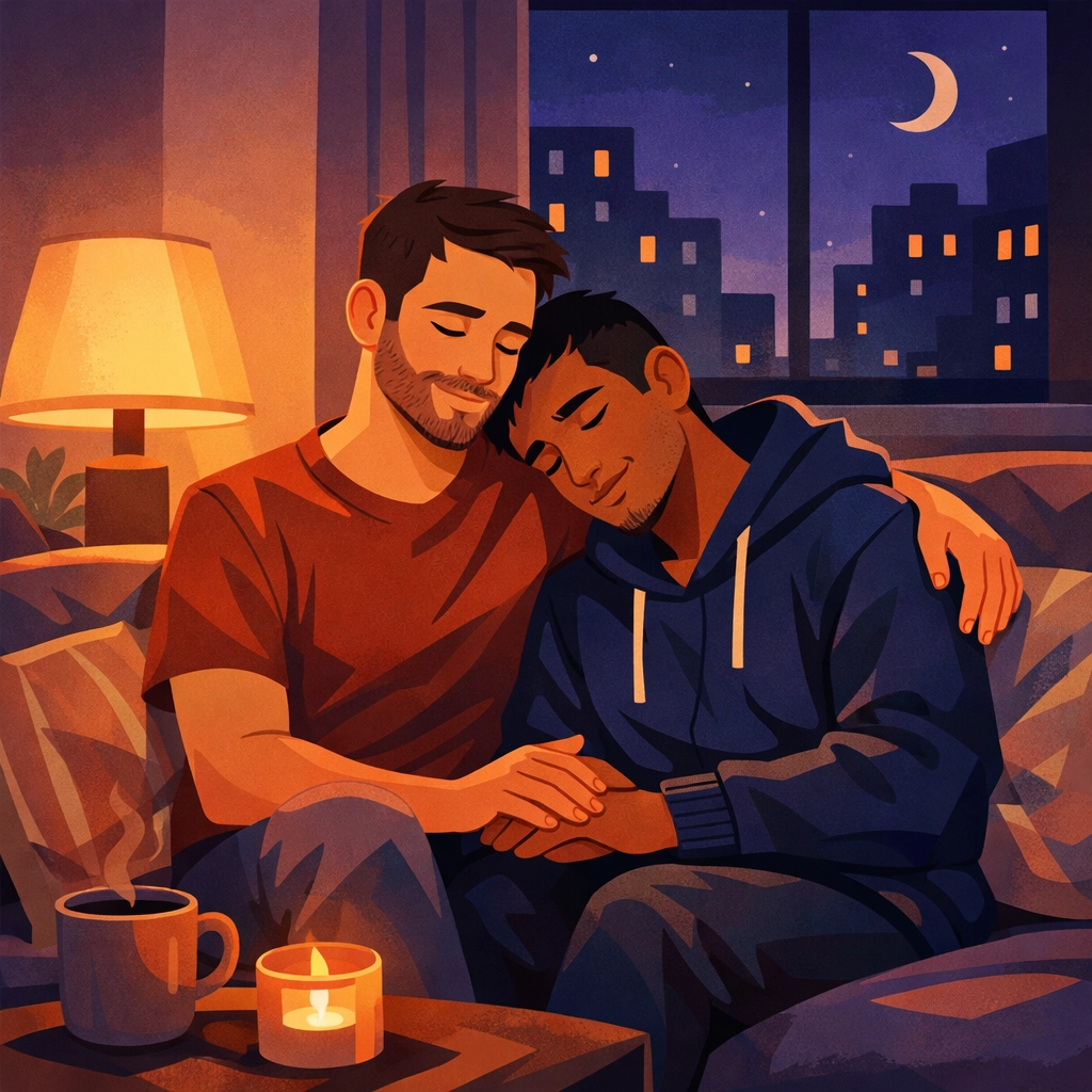 Gay couple sharing intimate couch moment illustrating us against the world bond in MM romance relationship