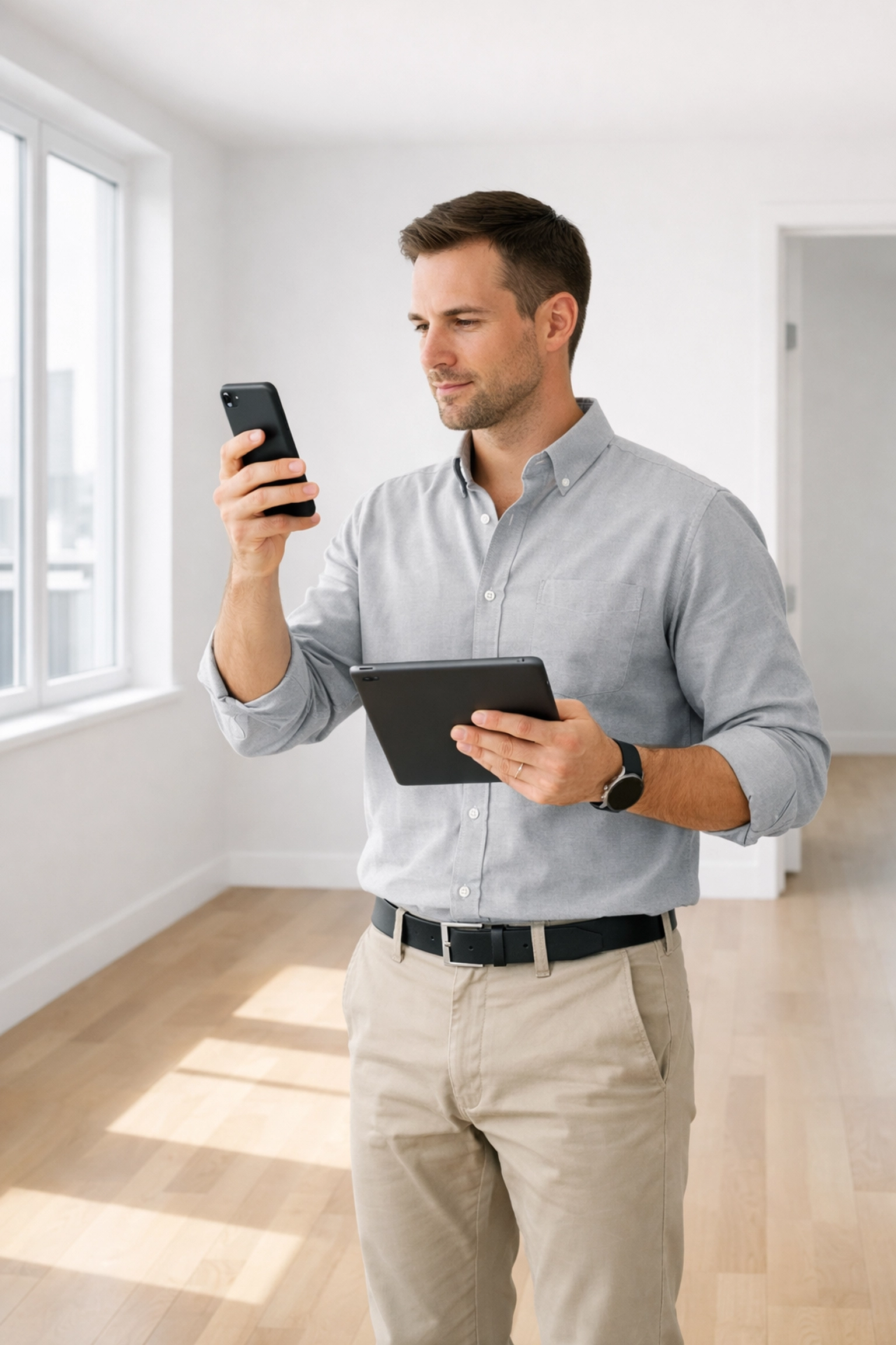 Property manager conducting apartment move-out inspection with tablet and smartphone